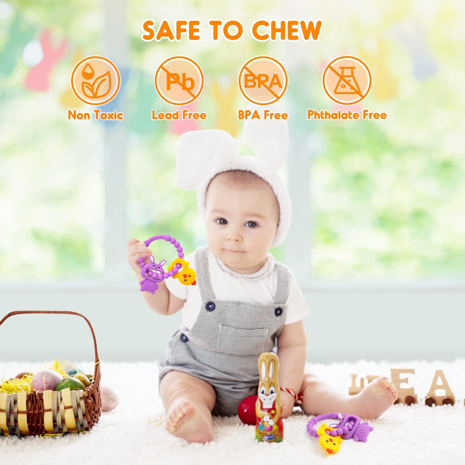 **Easter Teething Toys for Babies 0-12 Months - Soft Silicone Chew Toys for Infants (Purple Bunny & Chicken) - Perfect Easter Basket Stuffers & Gifts for Boys & Girls - Soothe Sore Gums During Playtime & Travel**