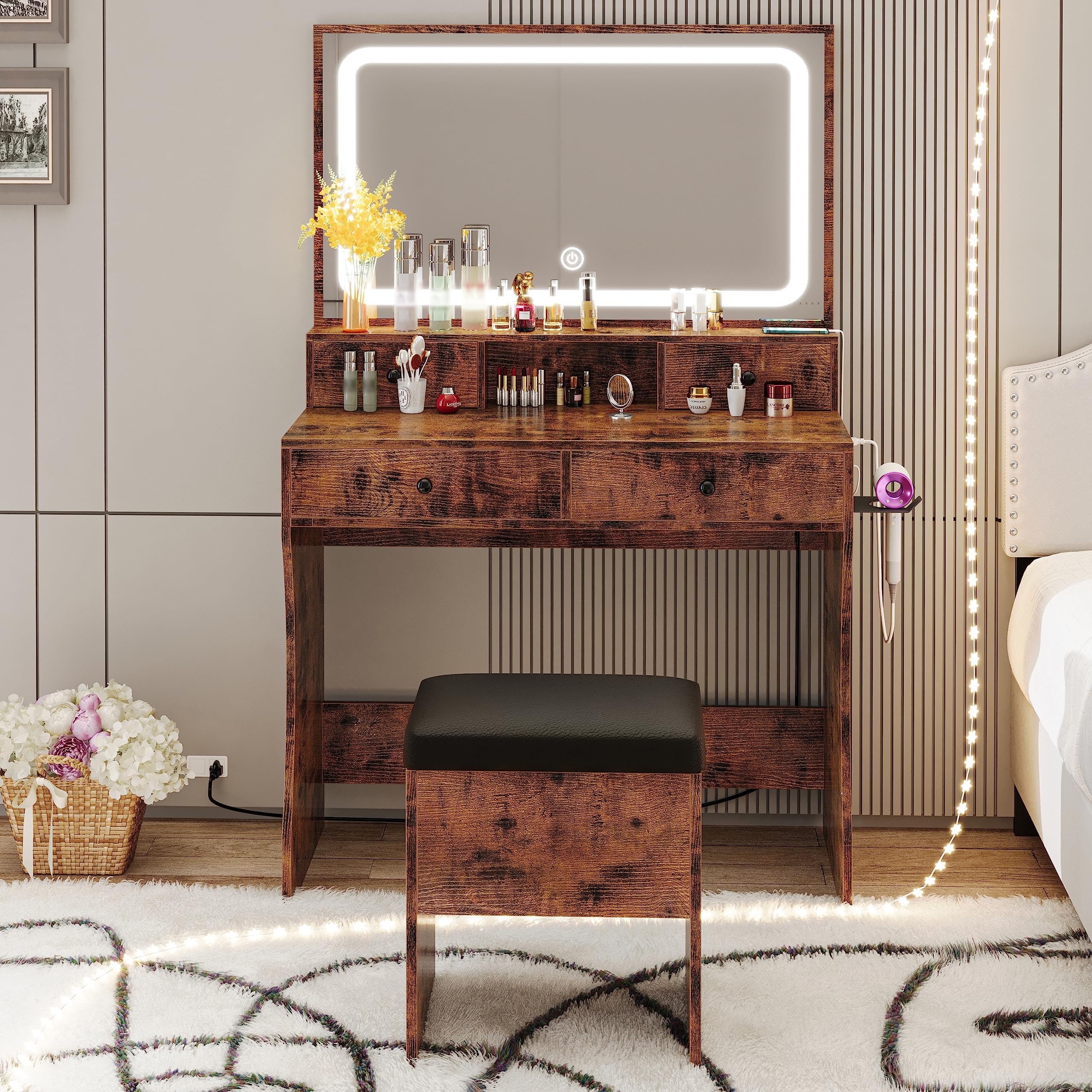 LIKIMIO Vanity Desk with LED Lighted Mirror, Power Outlet, 4 Drawers & Stool - Vintage Brown Dressing Makeup Table Set with Hair Dryer Stand | Perfect for Bedroom, Bathroom & Salon Organization