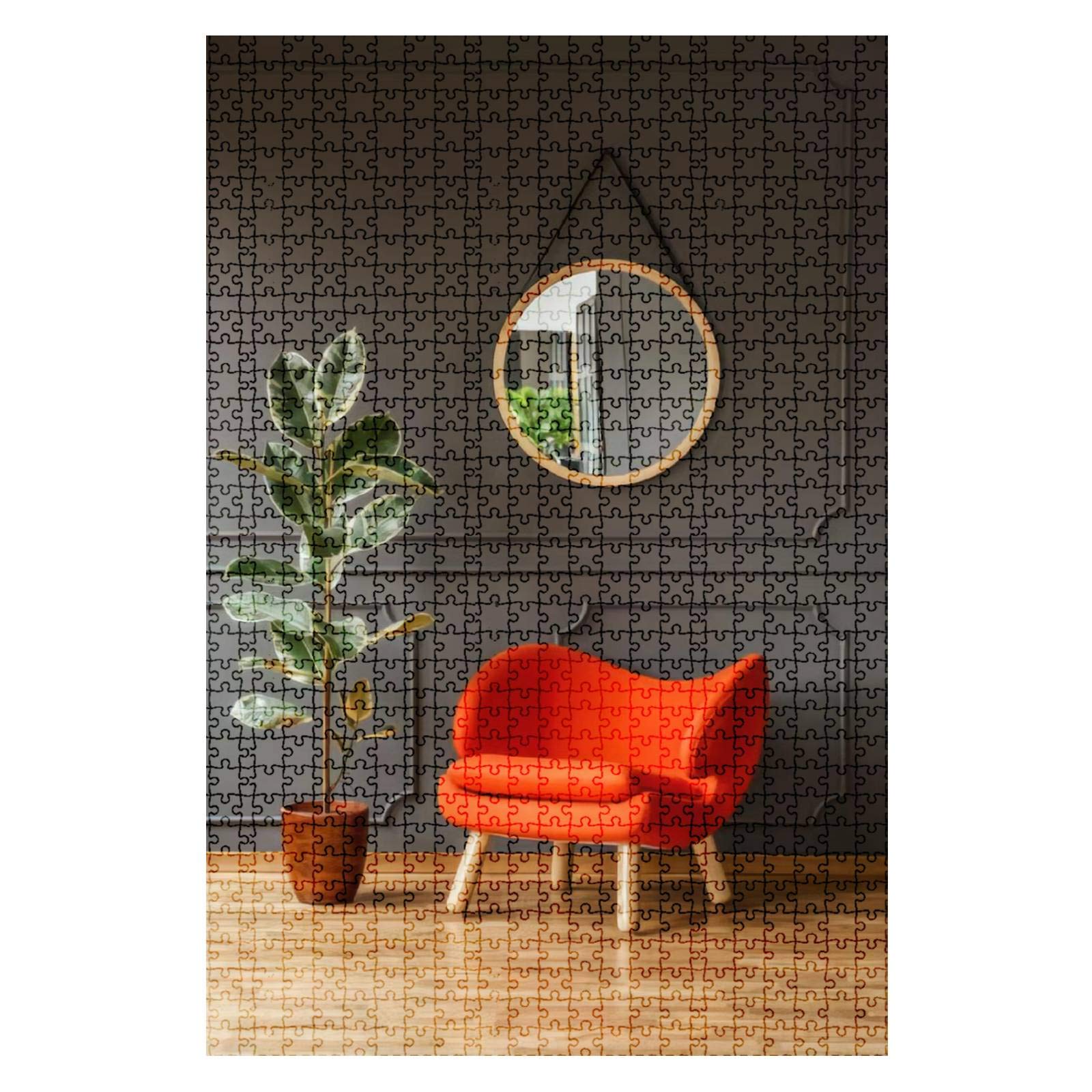 1000-Piece Wooden Jigsaw Puzzle - Vibrant Ficus Plant, Orange Armchair & Round Mirror - Fun Challenging Adult Puzzle Game - DIY Educational Toy Gift for Adults & Kids - Home Decor & Wall Art for Living Room, Bedroom, Office