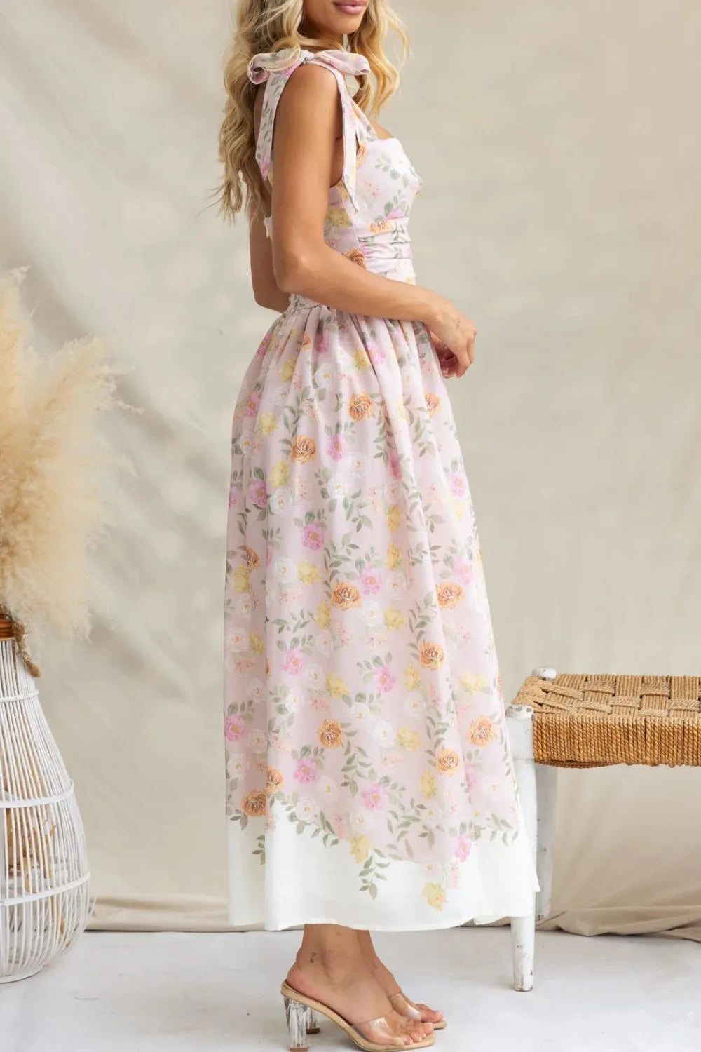 Floral Print Tie Shoulder Midi Cami Summer Dress for Women - Perfect for Beach Vacations, Date Nights & Outdoor Parties