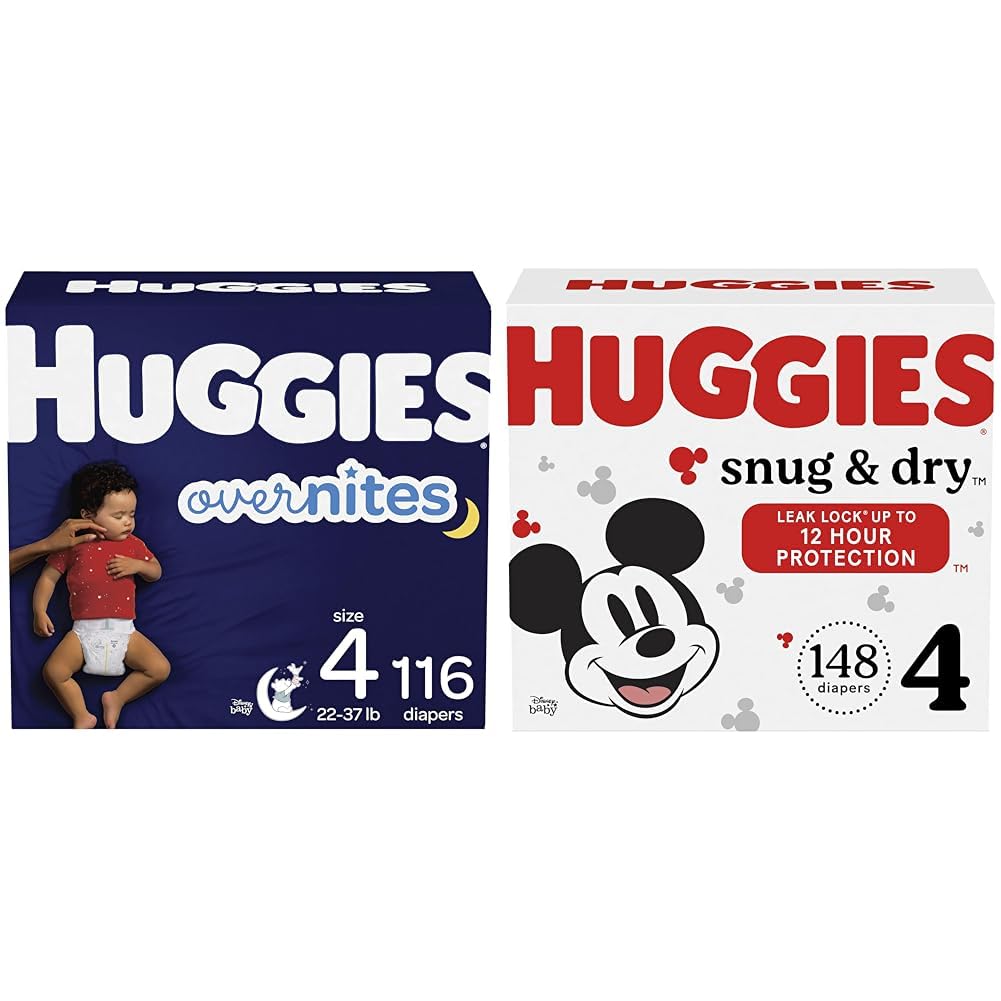 Huggies Overnites Nighttime Baby Diapers Size 4 (116 Count) & Snug & Dry Disposable Diapers Size 4 (148 Count) - Premium Overnight Protection for Babies - Perfect for Nighttime Use and Daytime Comfort