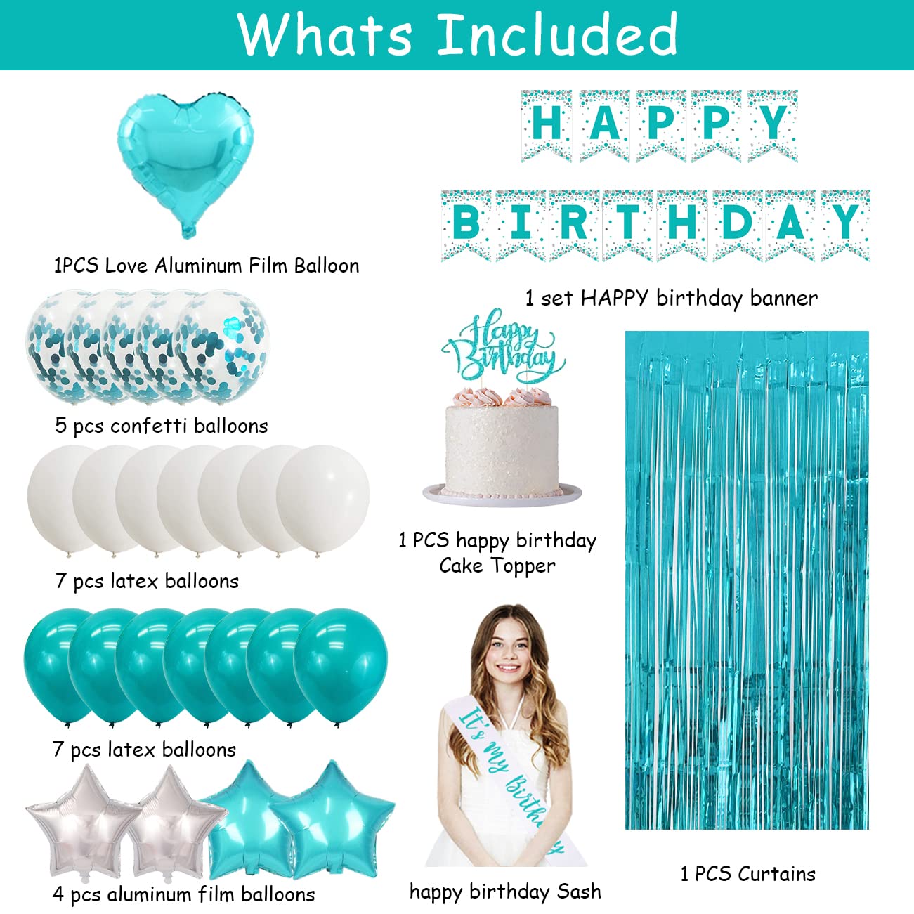 Teal Birthday Decorations for Girls - Happy Birthday Banner, Sash & Cake Topper Set, Turquoise Blue Metallic Tinsel Backdrop | Party Photo Booth Decor, Baby Shower, Gender Reveal Celebration