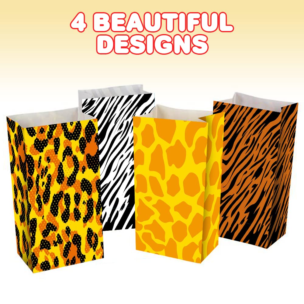 ArtCreativity 12-Pack Safari Animal Print Party Favor Bags - 4 Unique Jungle Designs for Birthday, Baby Shower & Zoo Themed Events - Durable Treat Goody Bags for Kids Party Supplies