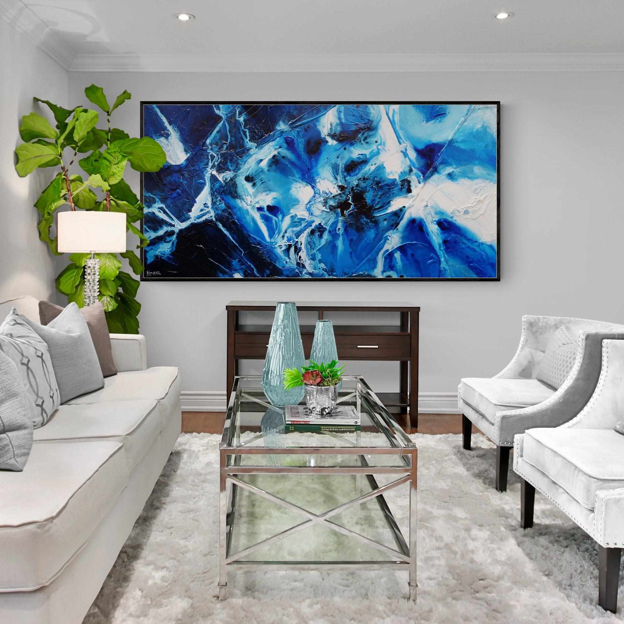 Blue Theory 200cm x 100cm Blue White Textured Abstract Canvas Art - Perfect for Modern Living Room & Office Wall Decor