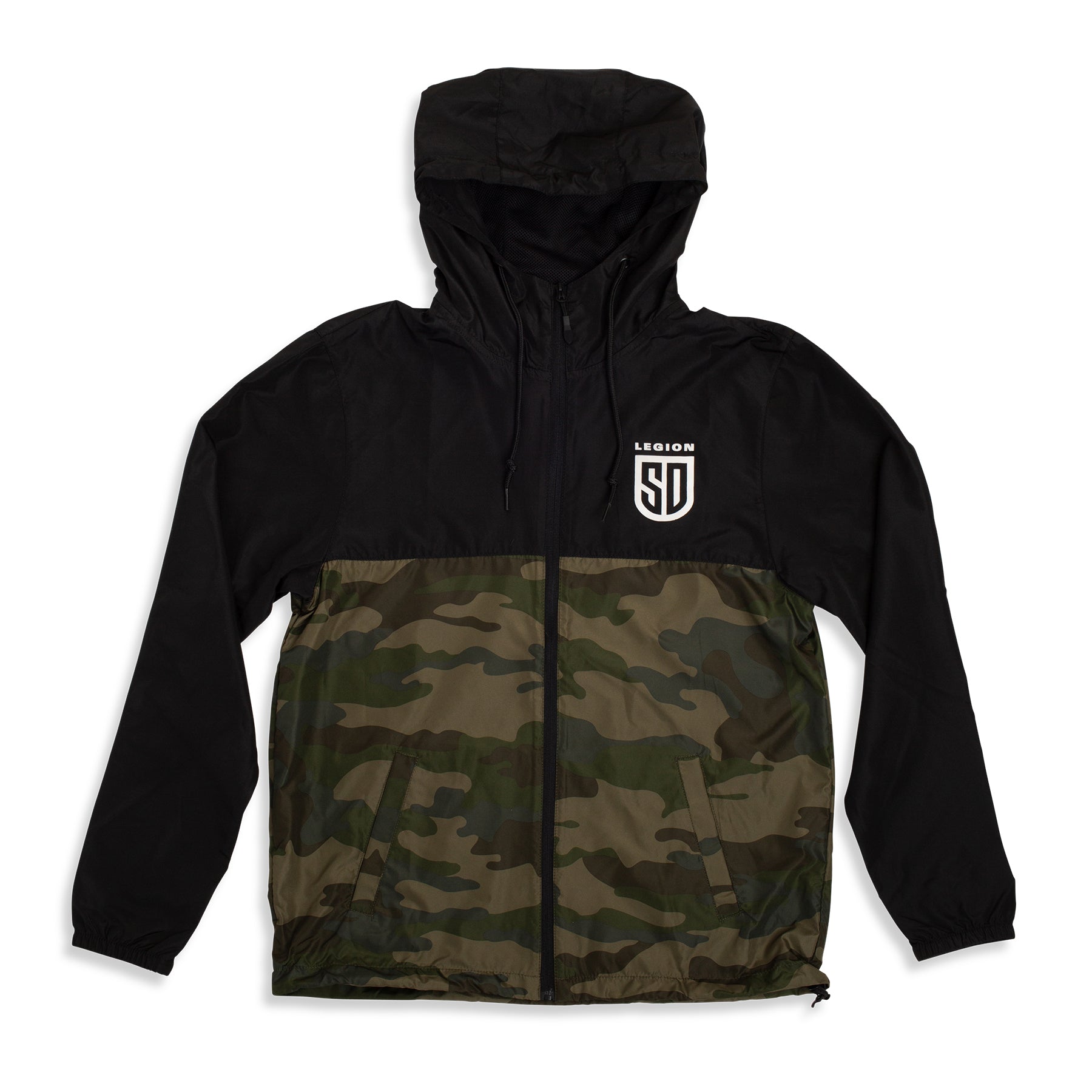 SD LEGION Camo Black Windbreaker Jacket - Lightweight Water-Resistant Outdoor Hoodie for Hiking, Camping & Military Use