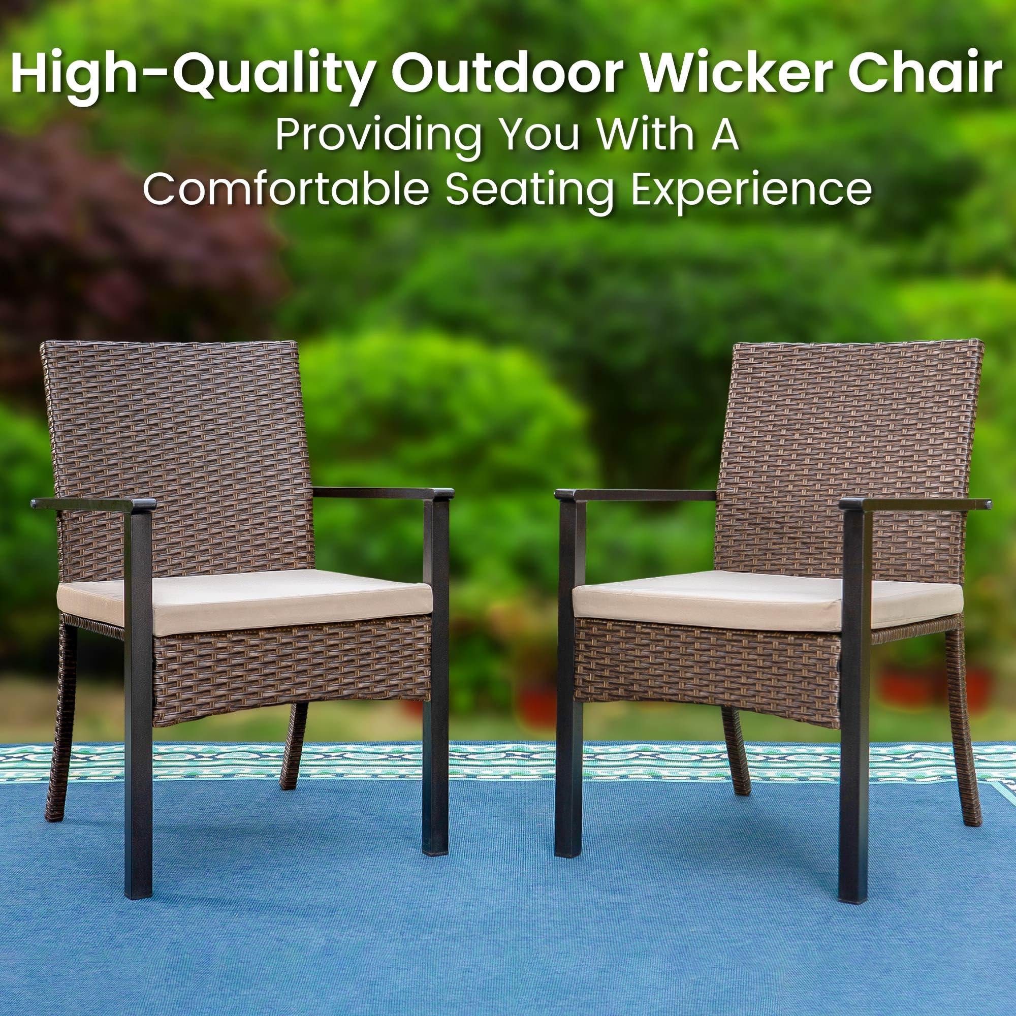 PHI VILLA 4-Piece Outdoor Wicker Chair Set - Rattan Covered Metal Armchairs with Removable Cushions, Heavy Duty Patio Furniture for Deck, Porch, Garden & Backyard - Perfect for Outdoor Dining, Lounging and Entertaining Guests