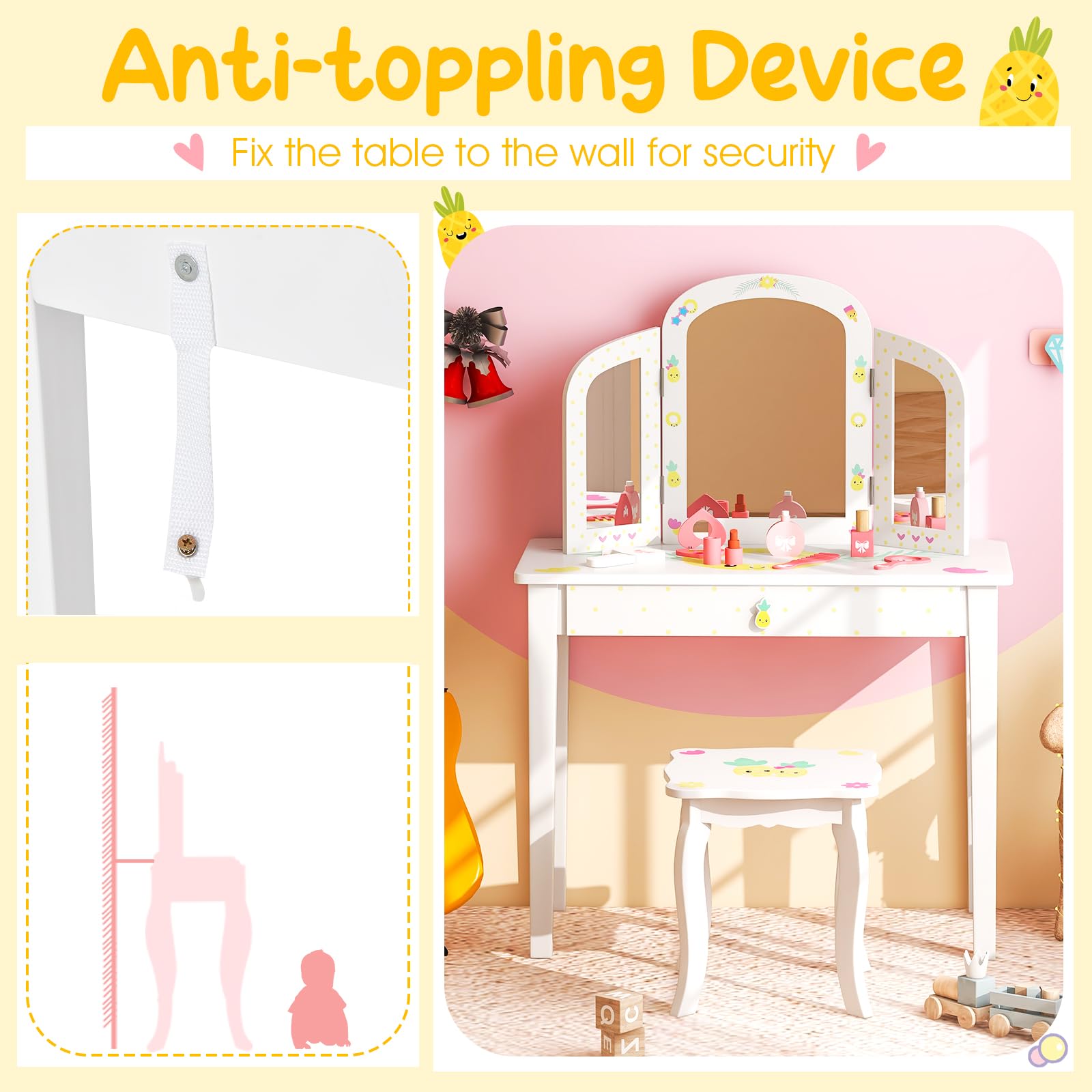 Costzon Kids Vanity Table with Tri-Folding Mirror & Drawer - Princess Makeup Dressing Set for Girls, 2-in-1 Detachable Top Pretend Play Beauty Station (Fruit Pattern) - Perfect for Bedroom Decor & Role Play Gifts