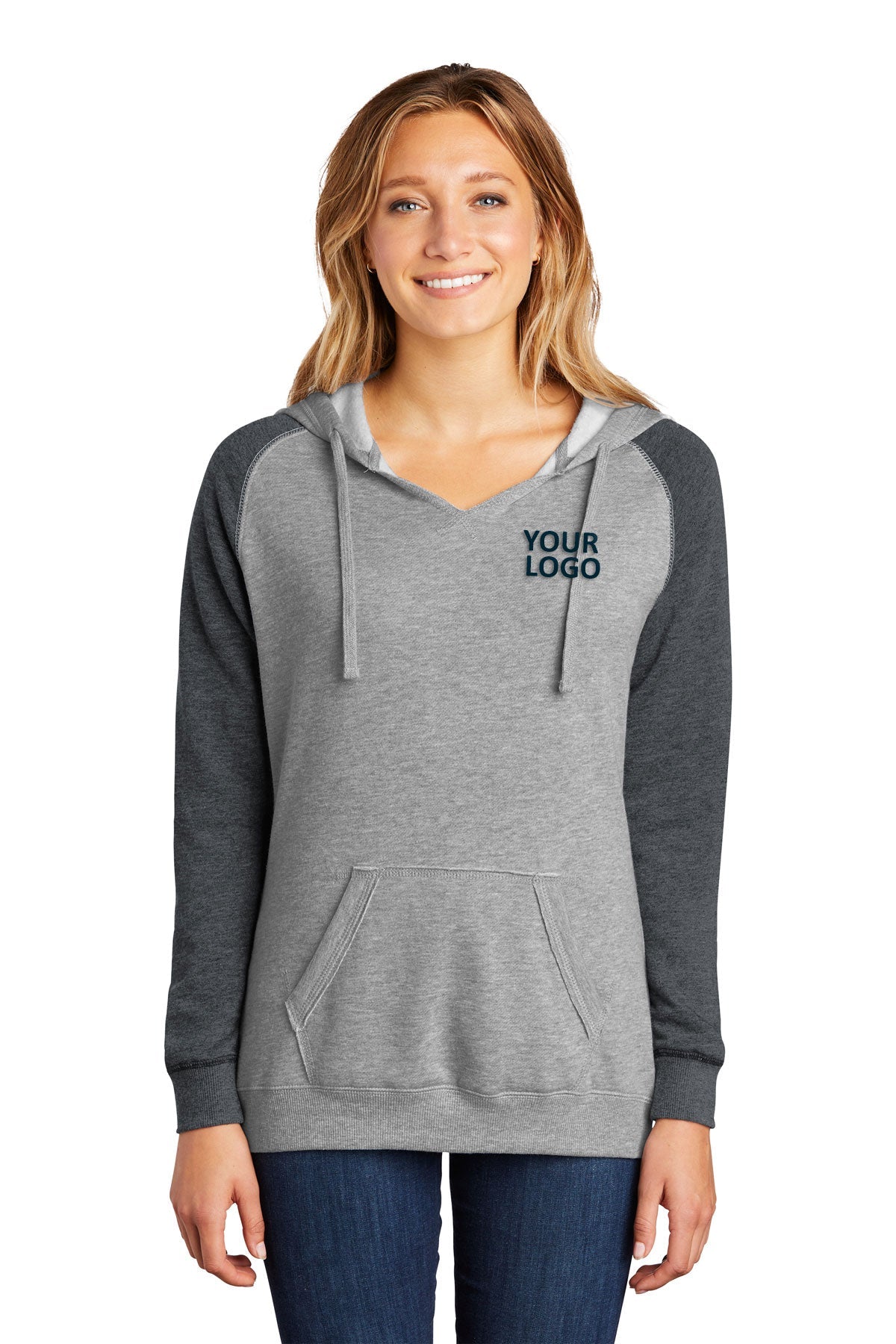 District Women's Lightweight Fleece Raglan Hoodie - Heathered Grey & Charcoal Pullover for Casual Wear, Gym, and Outdoor Activities