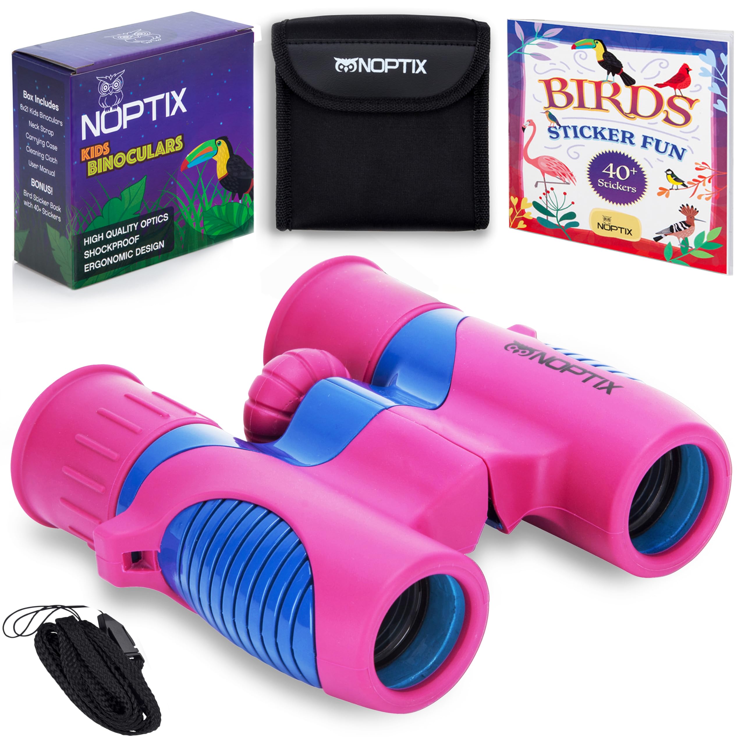 Kids Binoculars for Outdoor Exploration - Real Binoculars for Boys & Girls in Vibrant Pink/Blue - Includes 40-Species Bird Sticker Book - Perfect for Bird Watching, Hiking, Camping & Nature Adventures
