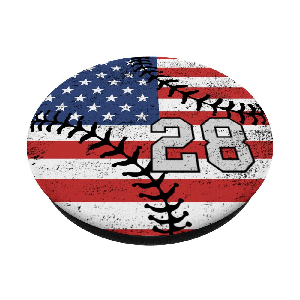 American USA Flag Baseball Number 28 Gray & Black PopSockets PopGrip - Interchangeable Phone & Tablet Stand with Swappable Grip - Perfect for Sports Fans, Patriotic Decor & Everyday Use