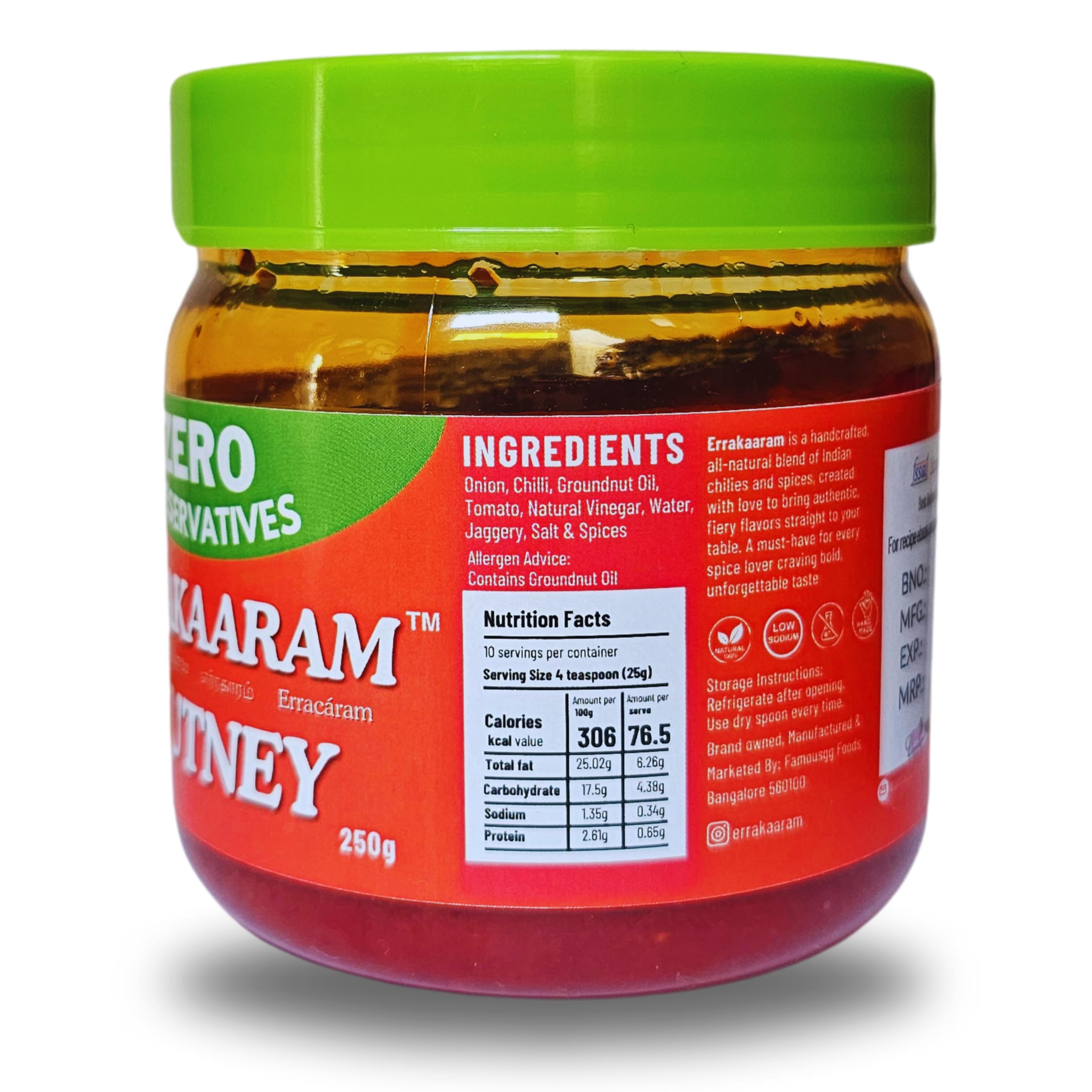 Errakaaram Fresh Spicy Indian Chutney - No Preservatives | Perfect for Idli, Dosa, Paratha & Snacks | Great as Side Dish, Spread, Dip or Stir-Fry Sauce | 250g | Authentic Indian Flavor for Rice Dishes & Meals