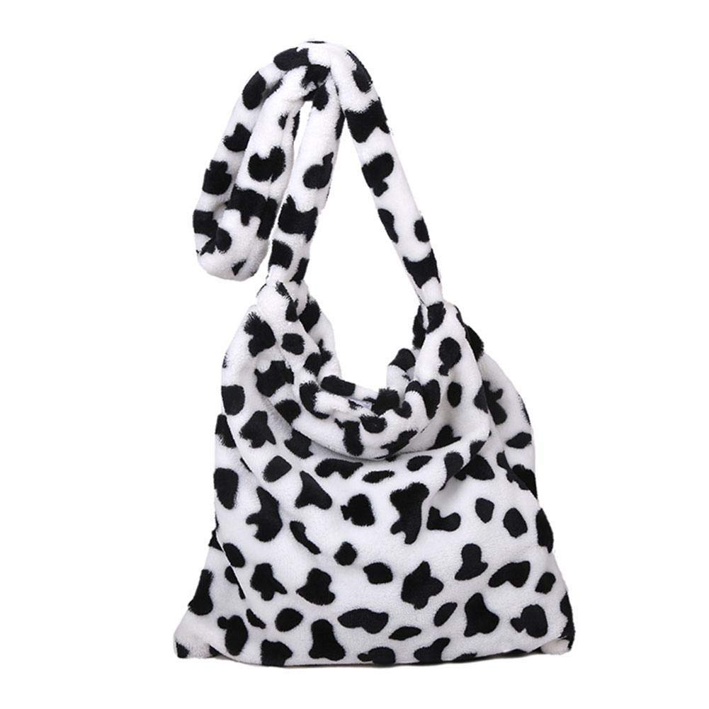 DQXY Women's Cow Print Plush Crossbody Bag - Soft Velvet Shoulder Handbag for Girls & Students, Perfect for School, Books, Work & Daily Use