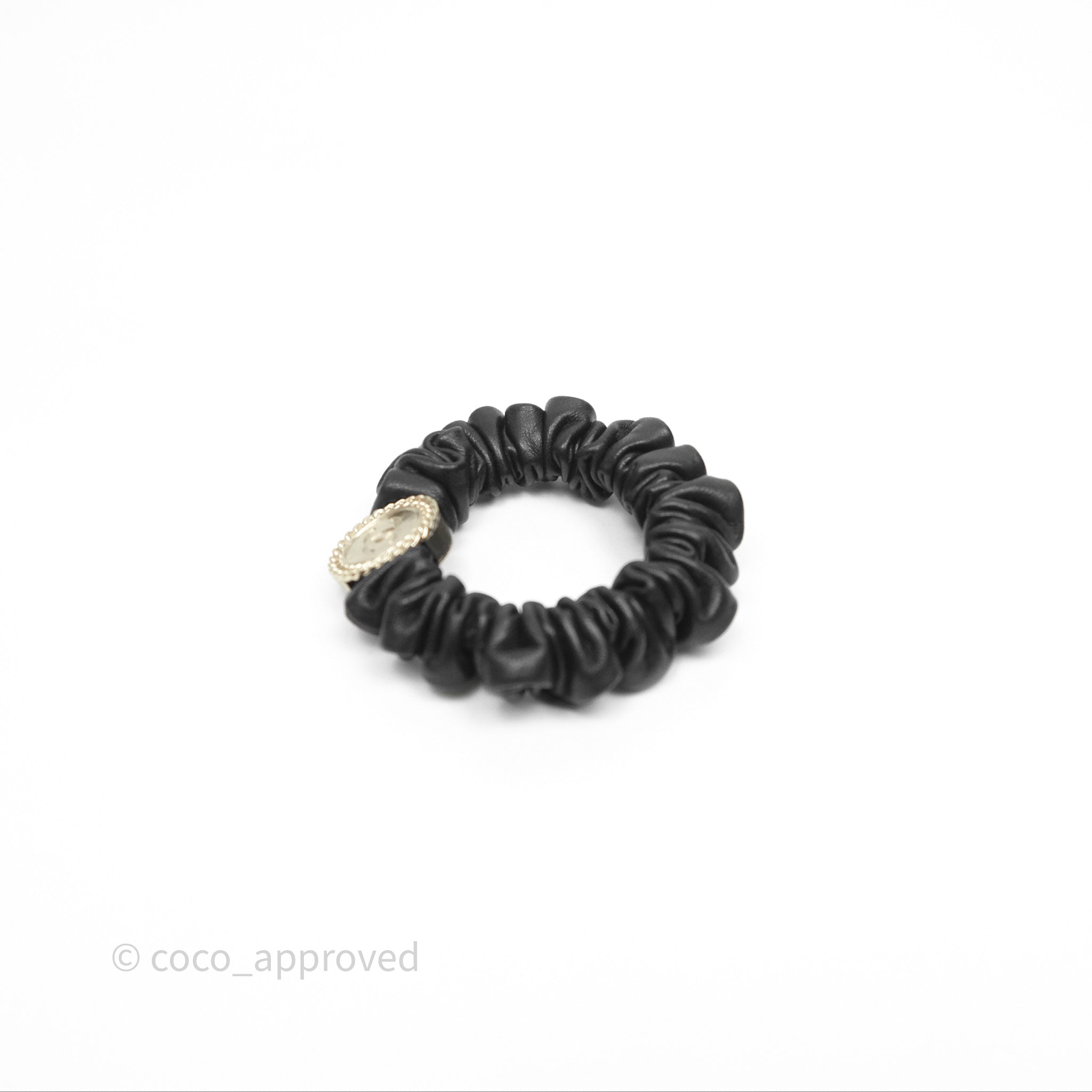 Chanel CC Logo Black Leather Scrunchie Hair Tie with Gold Tone Hardware - Elegant Hair Accessory for Women, Perfect for Parties, Weddings & Everyday Wear