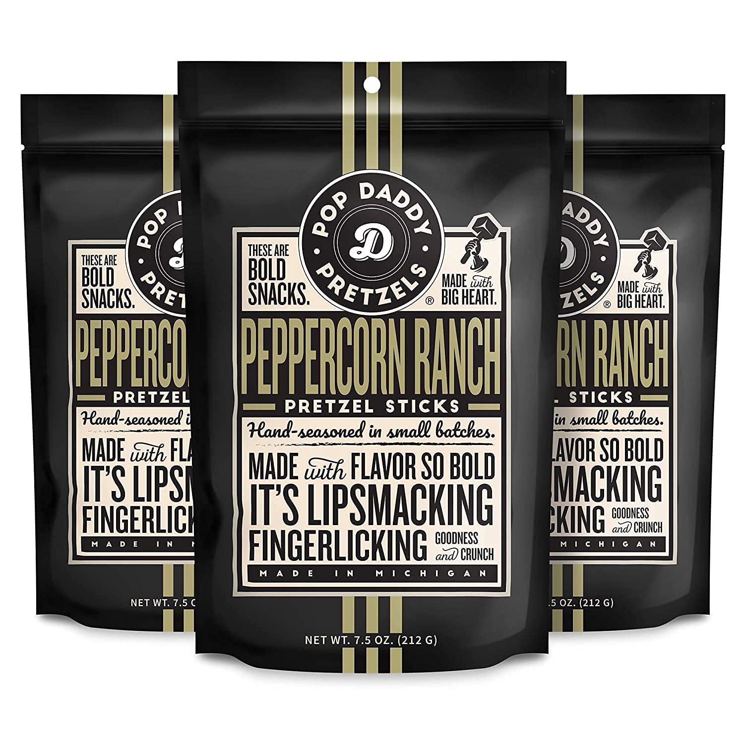 Pop Daddy Flavored Pretzel Sticks - Healthy Gourmet Snack, 7.5oz Bags (Pack of 3), Peppercorn Ranch - Perfect for Office Snacks, Party Favors & On-the-Go Treats