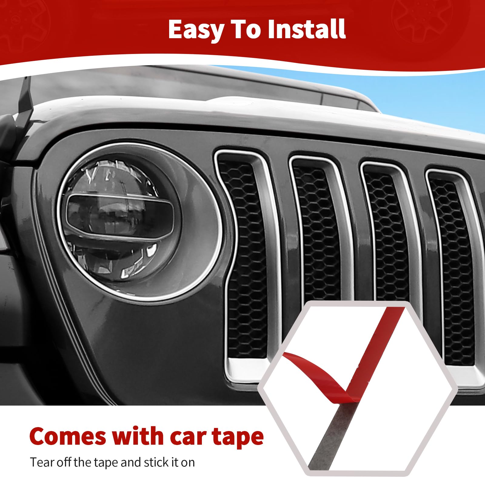 RT-TCZ Silver Mesh Front Grille Grill Insert & Headlight Cover Trim for Jeep Wrangler JL/JLU (2018-2022) - 9-Piece Exterior Accessories Kit for Off-Road Protection & Style Enhancement