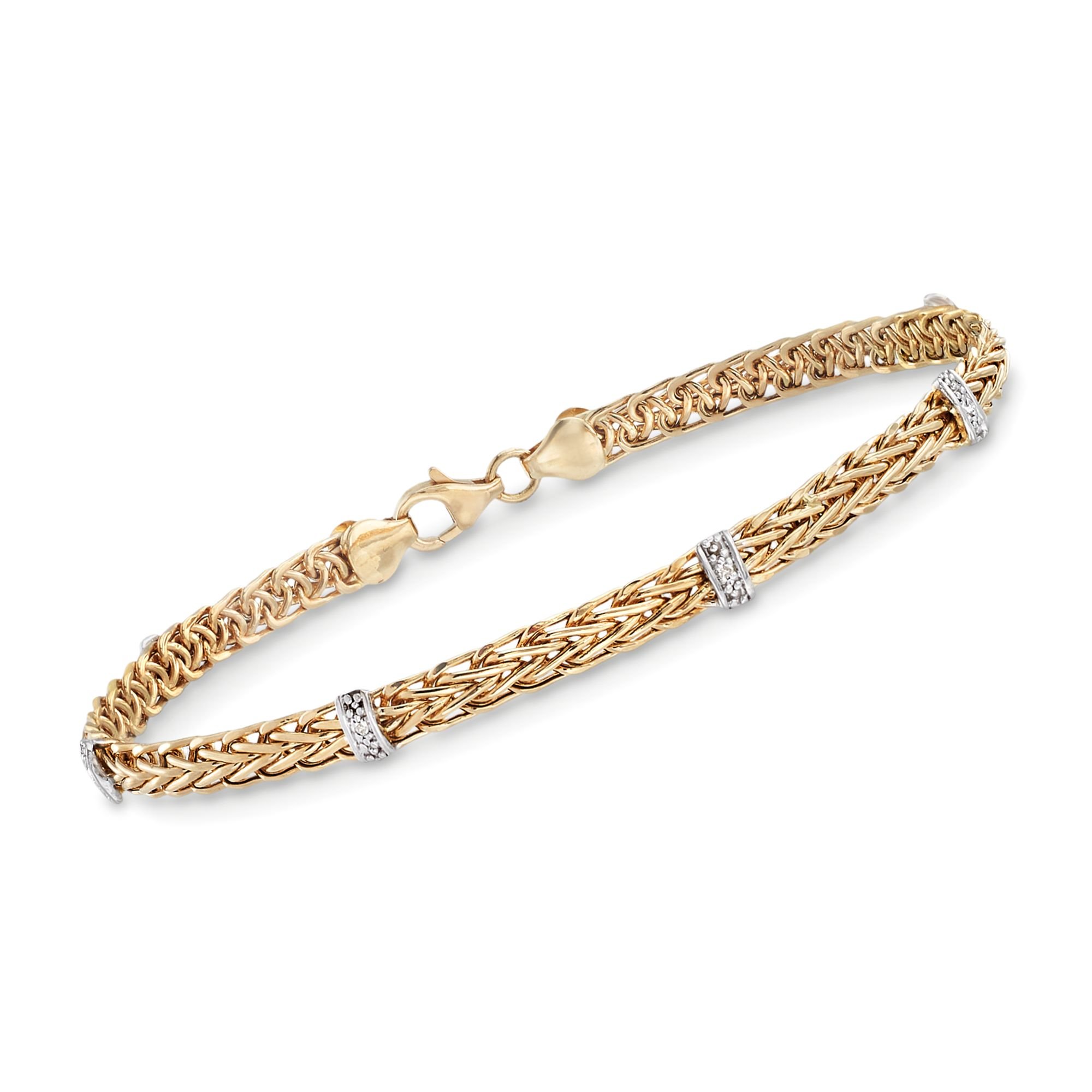 Ross-Simons 14Kt Yellow Gold Wheat-Link Station Bracelet with Diamond Accents - Elegant Jewelry Gift for Women, Anniversary, Wedding, Party & Special Occasions