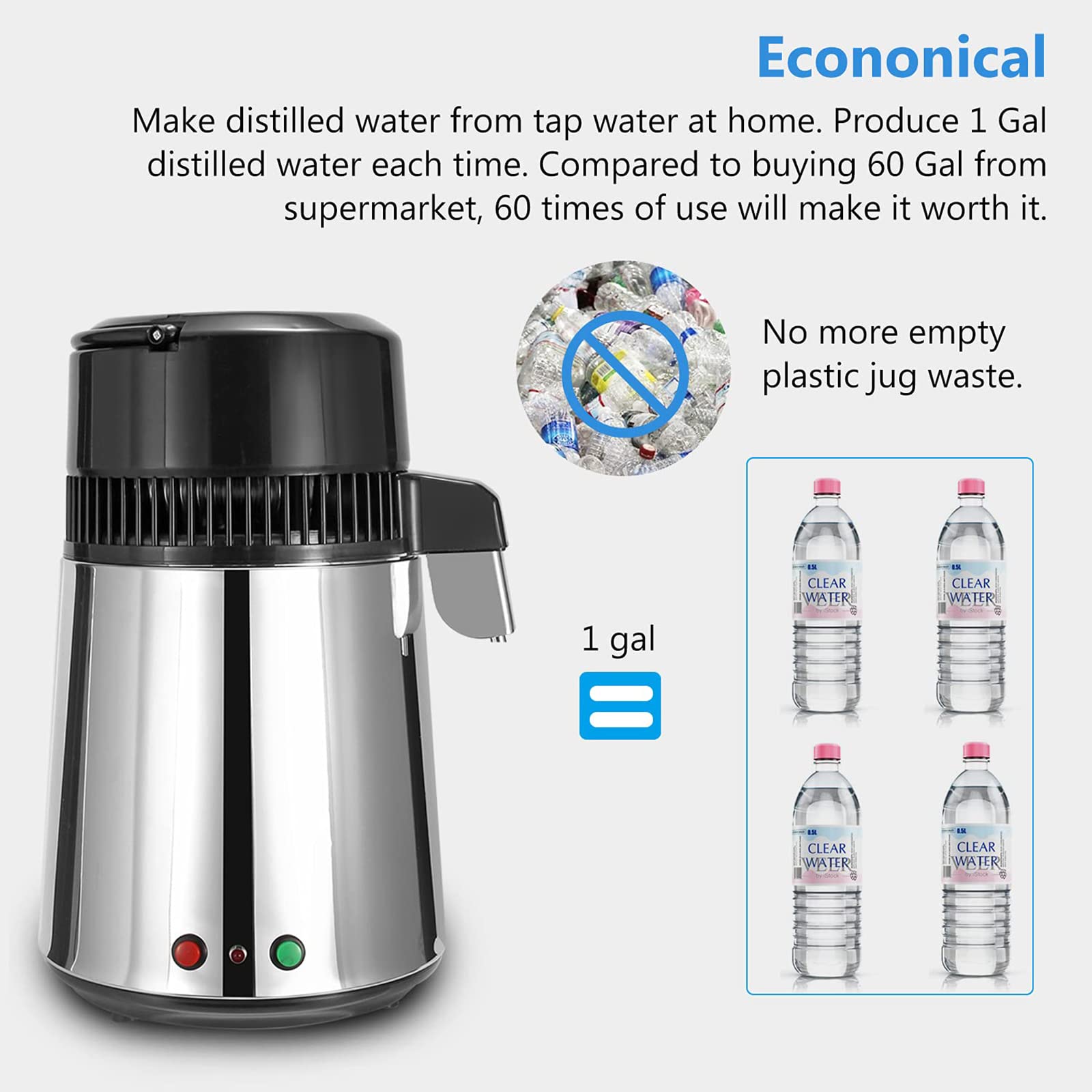 1 Gallon (4L) Pure Water Distiller Machine - 750W Countertop Water Filtration System with 1L/H Output | Home & Office Use for Drinking, Cooking, Baby Formula, and Aquariums