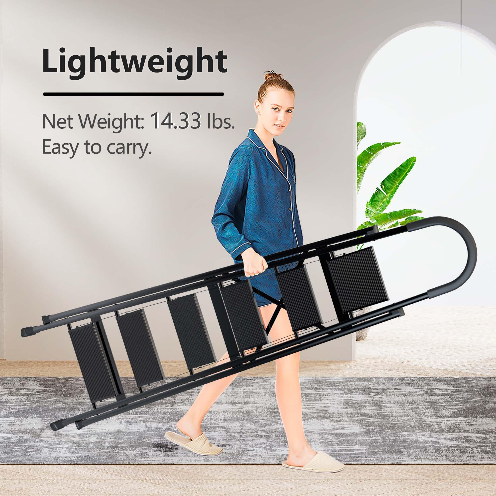 Lightweight Aluminum 6 Step Folding Ladder with Anti-Slip Wide Pedal - Space Saving Step Stool for Home, Kitchen, Garage & Office Use (Black)