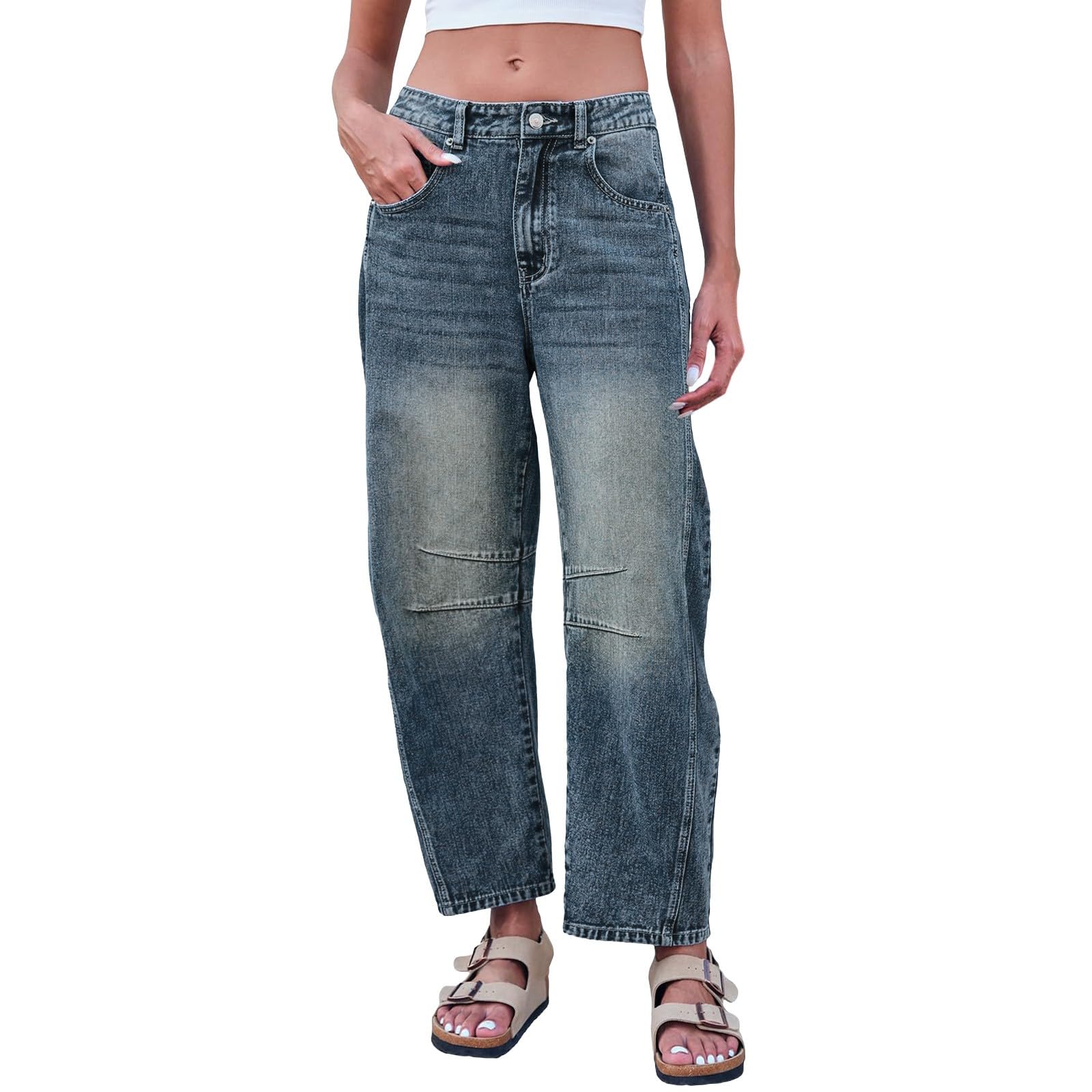 Women's Baggy Jeans - Loose Wide Leg Cropped Denim Pants for Casual Outfits