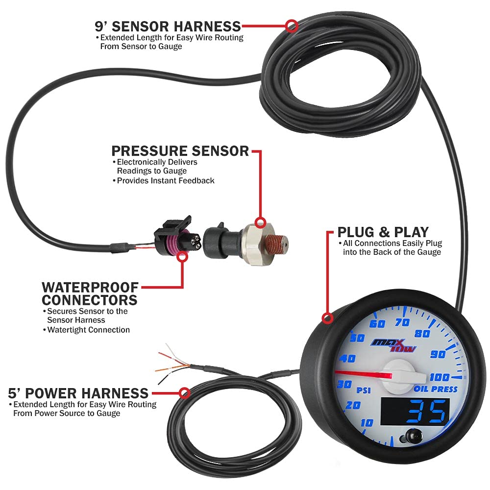 MaxTow Double Vision 100 PSI Oil Pressure Gauge Kit with Electronic Sensor - White Face & Blue LED Backlit Dial - Analog & Digital Readout - 2-1/16