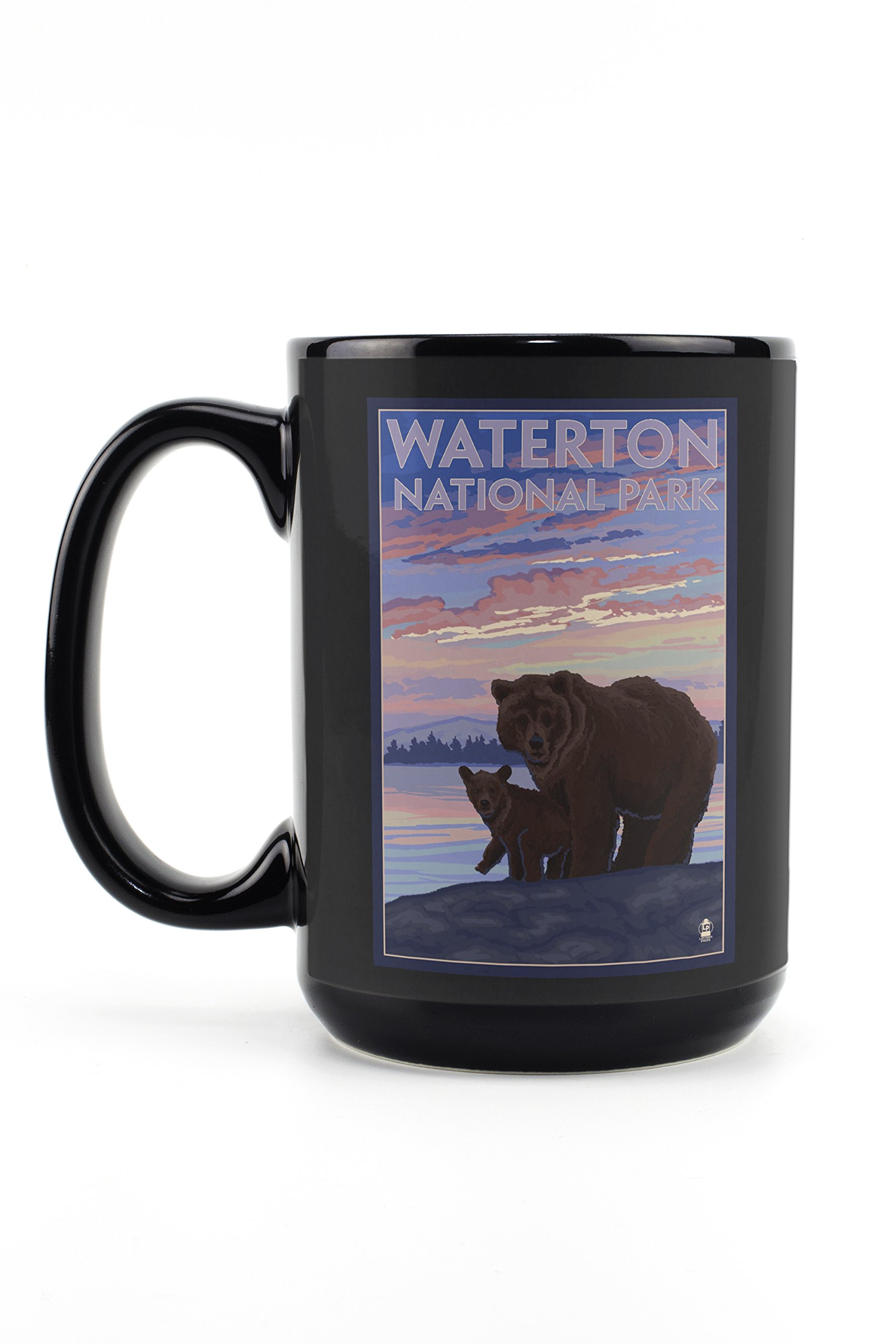 Lantern Press Waterton National Park Canada Bear and Cub 15oz Black Ceramic Coffee Mug - Microwave & Dishwasher Safe - Perfect for Home, Office & Camping Gifts
