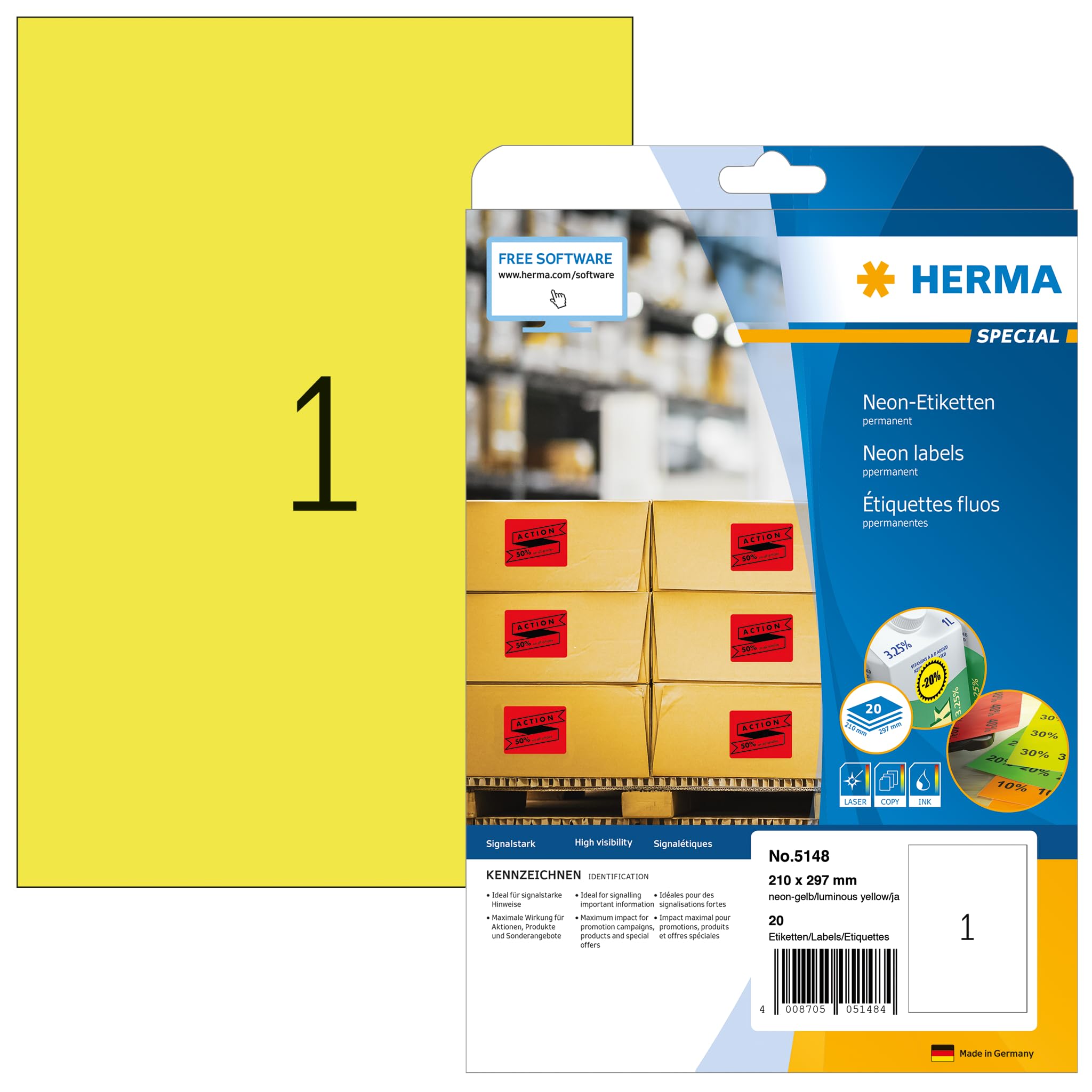 HERMA 5148 Self Adhesive Color Labels - 20 Neon Yellow Blank Sticker Sheets (210x297mm A4) for Laser & Inkjet Printers | Perfect for Office Organization, Shipping Labels & Craft Projects