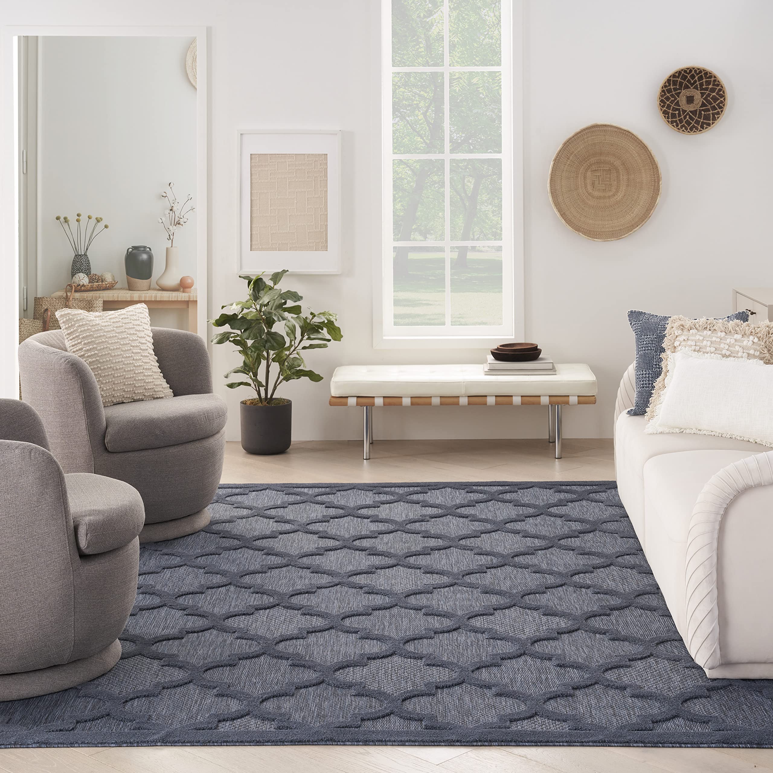 Nourison Easy Care Moroccan Navy Blue 9' x 12' Area Rug - Trellis Design, Non-Shedding & Easy Cleaning - Perfect for Bedroom, Living Room, Dining Room, Backyard, Deck & Patio (9x12) - Ideal for Indoor/Outdoor Use & High-Traffic Areas