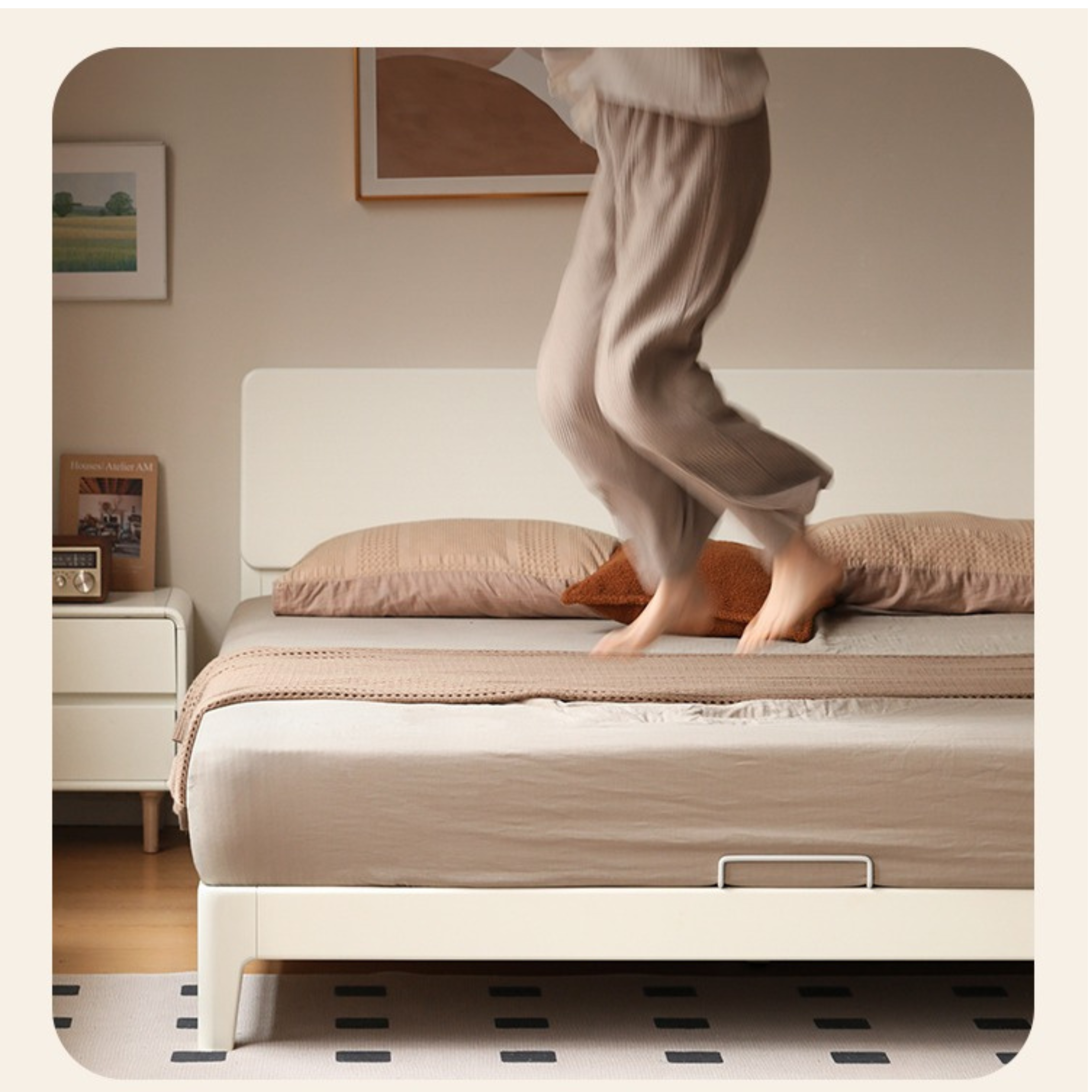 Modern Simple Cream Style Poplar Solid Wood Bed - Sturdy & Elegant for Master Bedroom, Guest Room, or Kids Room