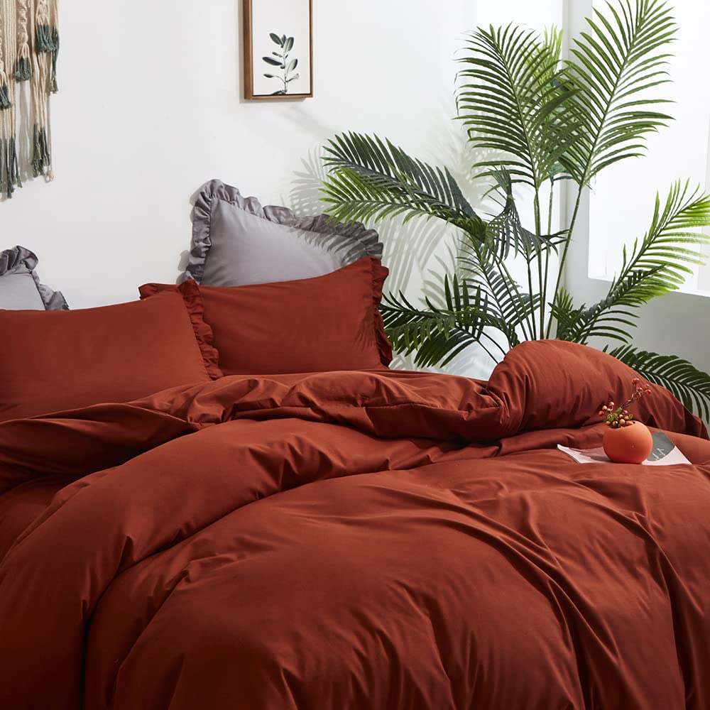 CLOTHKNOW King Size Burnt Orange Boho Comforter Set - 3 Piece Ruffle Terracotta Bedding with Soft Caramel Accents | Rustic Farmhouse Style for Cozy Bedroom Decor