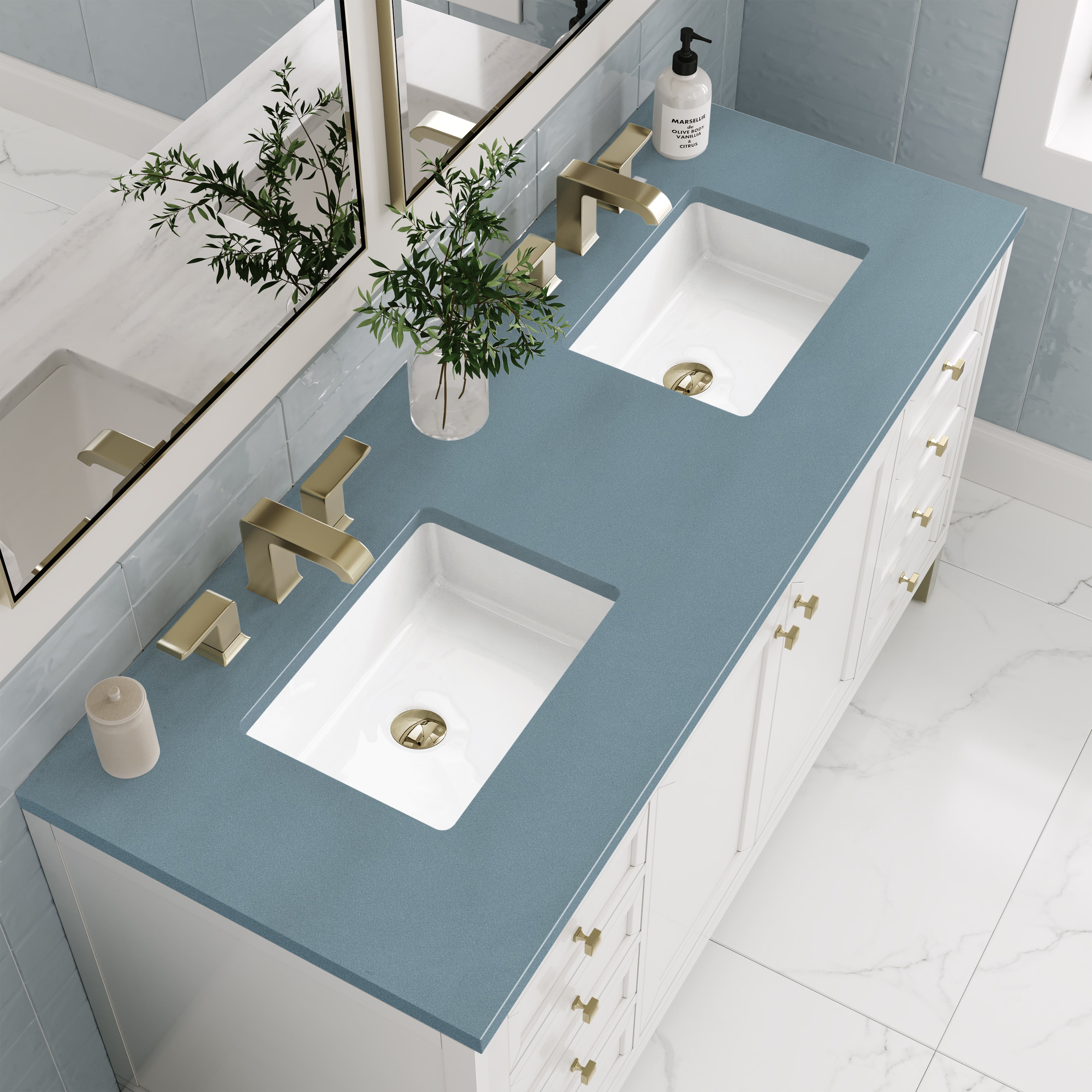 Chicago 60-Inch Double Bathroom Vanity with Glossy White Finish & 3CM Cala Blue Quartz Top - Perfect for Master Bathrooms, Guest Suites, and Modern Home Renovations