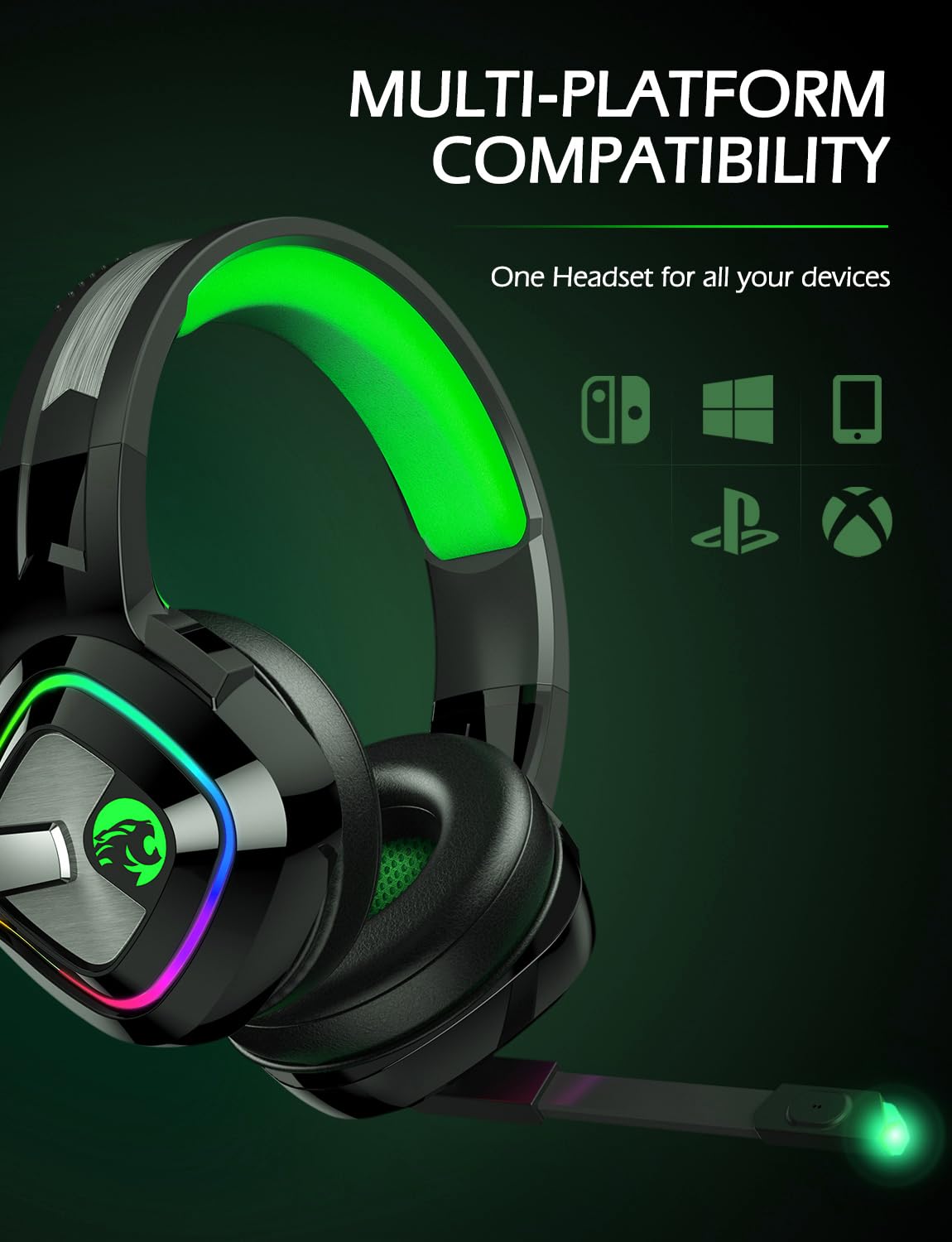 ZIUMIER Z66 Wired Gaming Headset with Noise Cancelling Mic, RGB Lights & Stereo Surround Sound - Over-Ear Headphones for PS4, PS5, Xbox One, PC & Laptop (Green) - Perfect for Competitive Gaming, Streaming & Late-Night Sessions