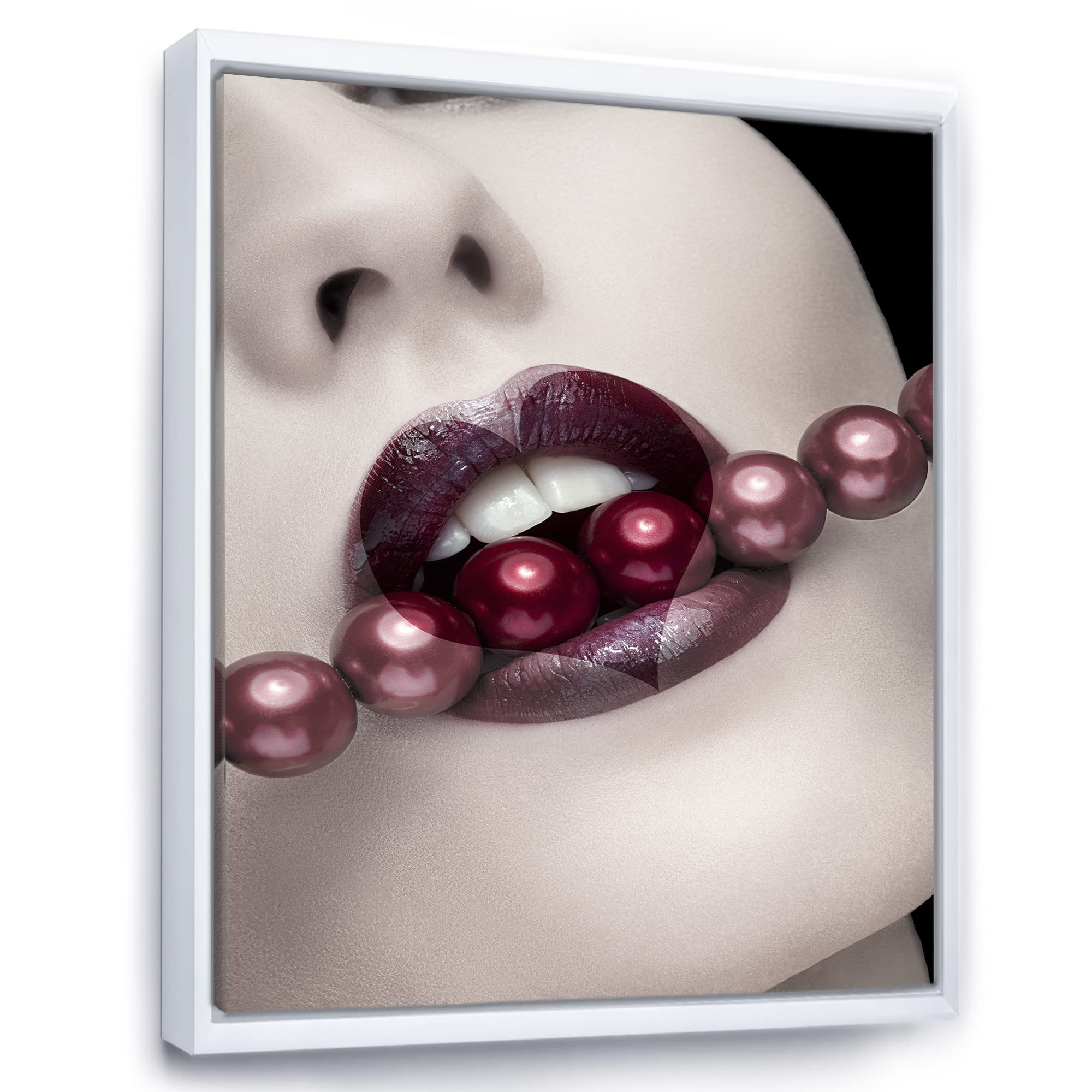 Heart Shape Lips With Pearls Through Mouth - Modern Framed Canvas Wall Art Print for Living Room, Bedroom & Office Decor
