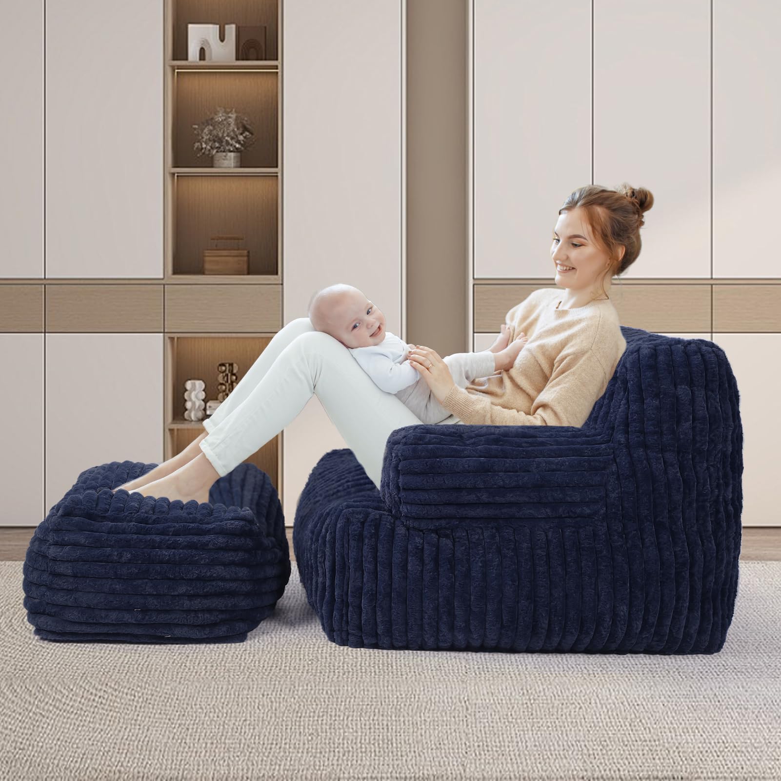 Extra Large Bean Bag Chair for Adults - Oversized Bean Bag Sofa with Ottoman, Ultra Comfortable Reading Chair for Dorm, Living Room & Bedroom (Navy Blue) - Perfect for Relaxing, Gaming & Movie Nights
