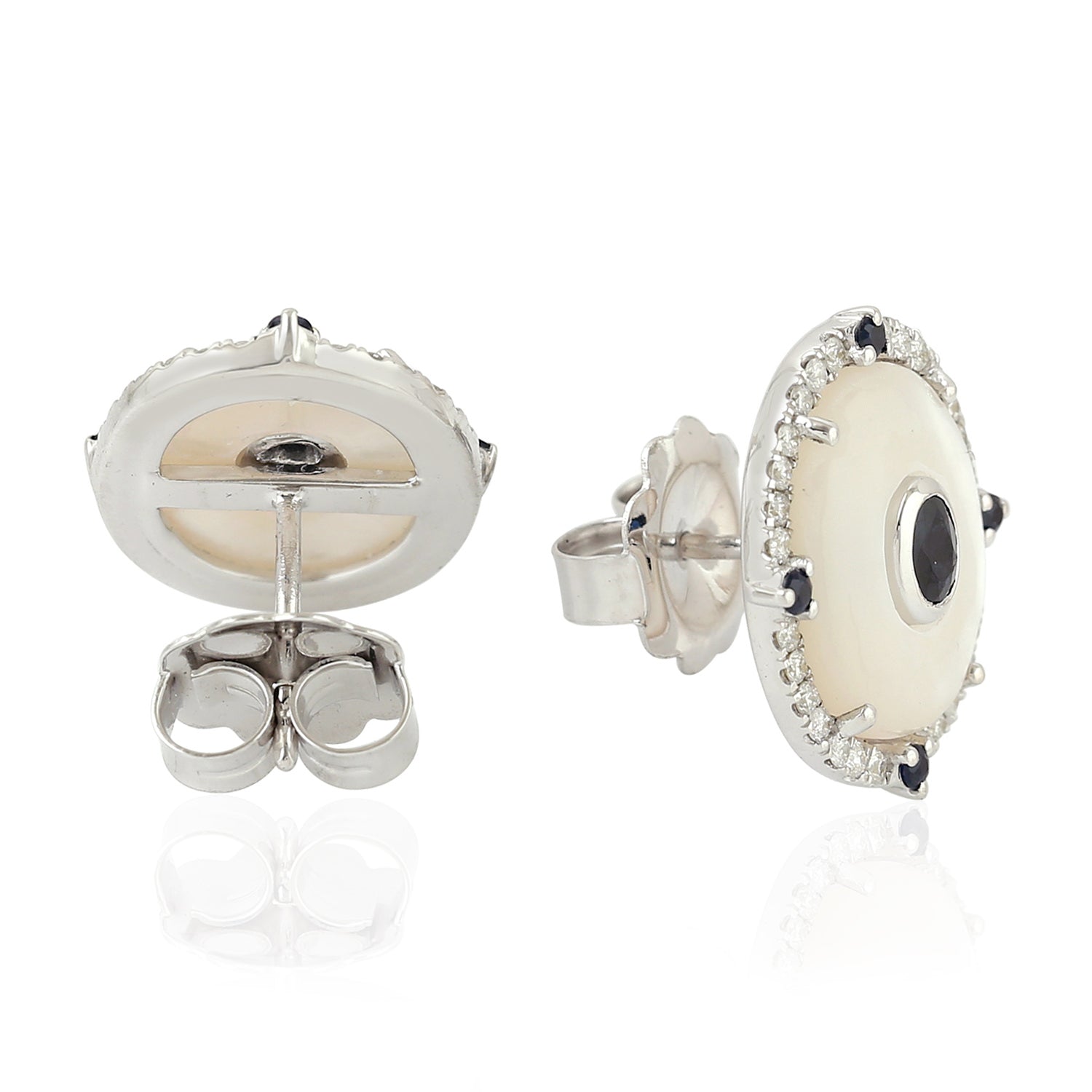Exquisite Fancy Cut Mother of Pearl Bezel Blue Sapphire Pave Diamond Stud Earrings in 14K White Gold | Elegant Wedding, Anniversary & Evening Wear Jewelry Gift