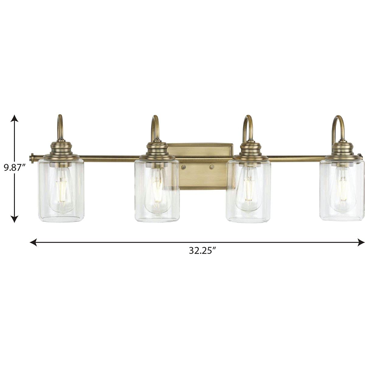 Progress Lighting Aiken Collection 4-Light Vintage Brass Vanity Light with Clear Glass Shades - Perfect for Bathroom, Powder Room, and Dressing Area Lighting