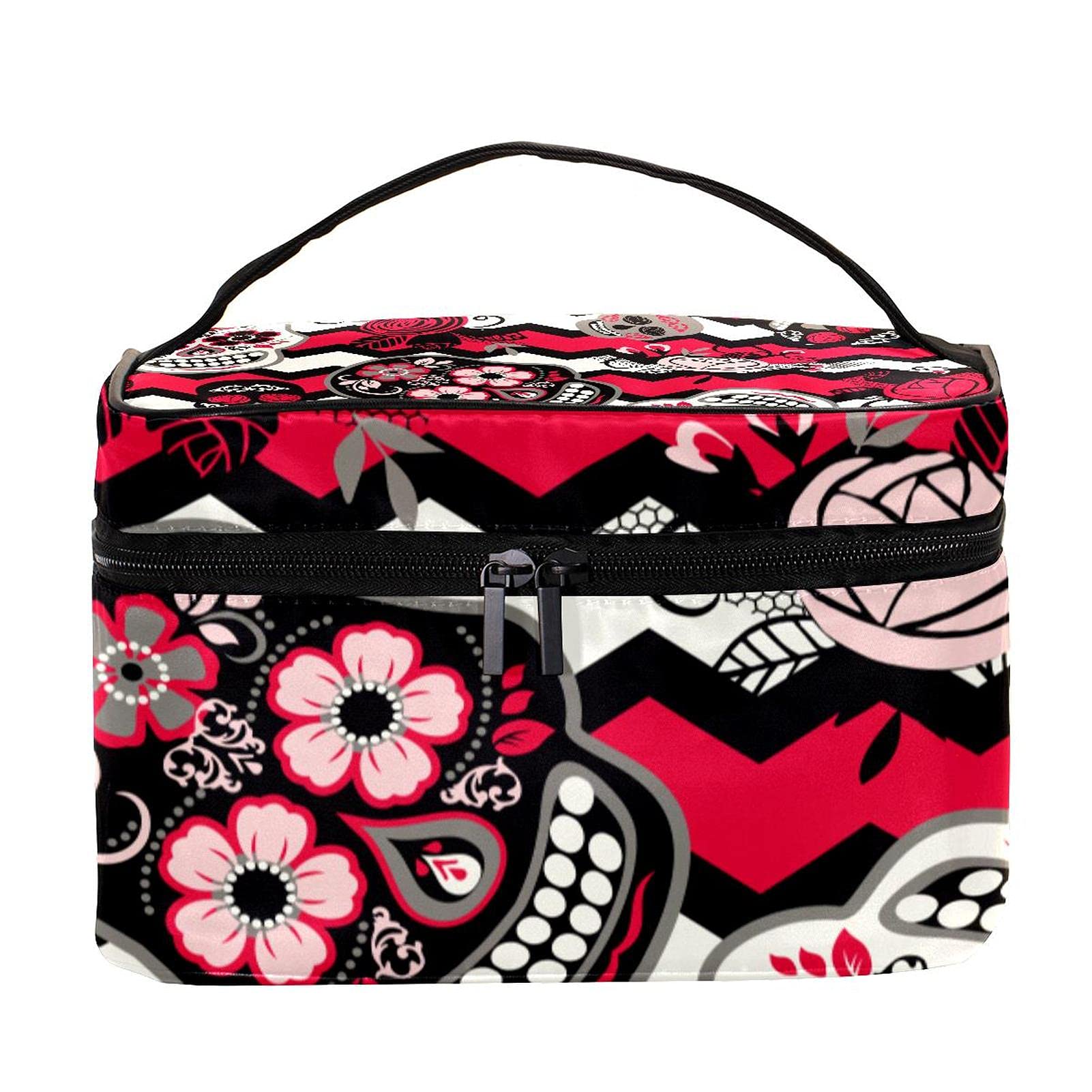 Sugar Skull Floral Zigzag Wave Travel Makeup Bag - Large Cosmetic Organizer with Zipper for Women & Girls - Perfect for Travel, Gym, and Daily Essentials Storage