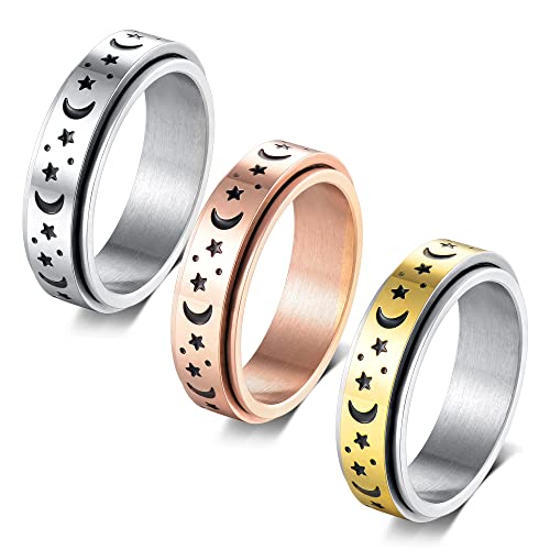18K Gold Plated Anxiety Spinner Ring for Women & Men - 6mm Moon Star Titanium Steel Fidget Ring (Size 6-11) | Stress Relief, Focus Aid & Fashion Accessory
