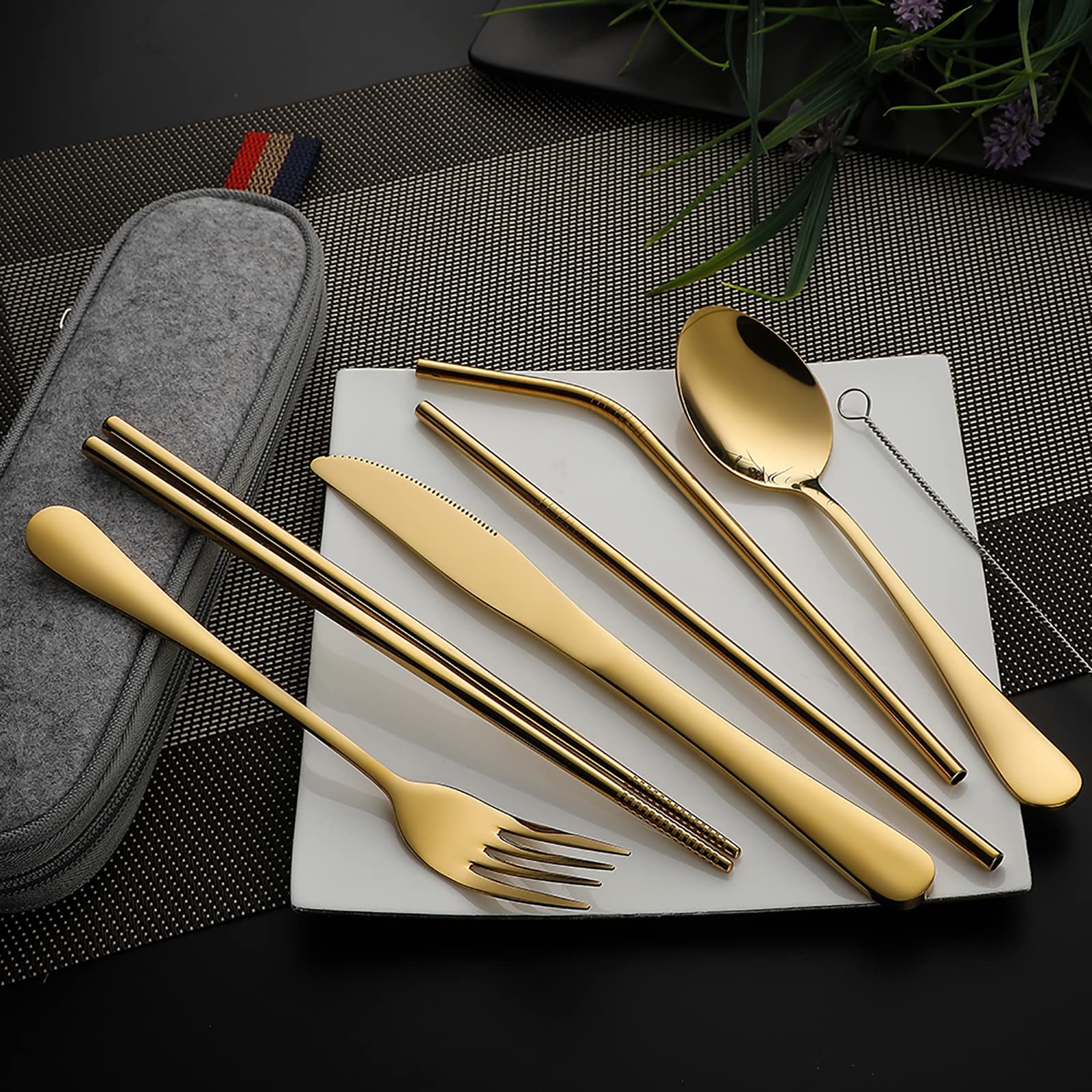 DEVICO 8-Piece Portable Cutlery Set - Stainless Steel Travel Utensils for Camping & Picnics (Gold)