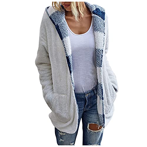 FMCHICO Women's Oversized Sherpa Hoodie - Soft Fuzzy Fleece Jacket with Long Sleeves & Open Front - Plaid Hooded Coat for Winter Warmth - Perfect for Casual Outfits, Lounging at Home, and Outdoor Adventures