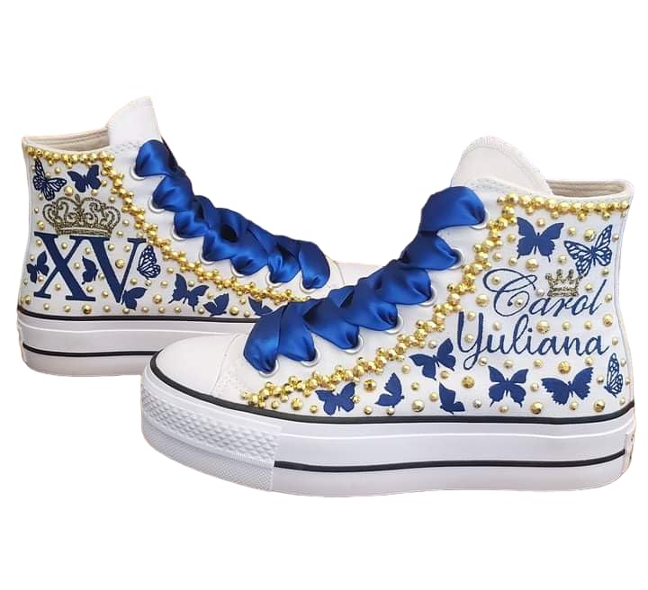 Custom Quinceañera Sneakers for 15th Birthday - High Top Blue Canvas Shoes with Butterfly Print - Perfect for Sweet 15 Parties, Photo Shoots & Special Celebrations