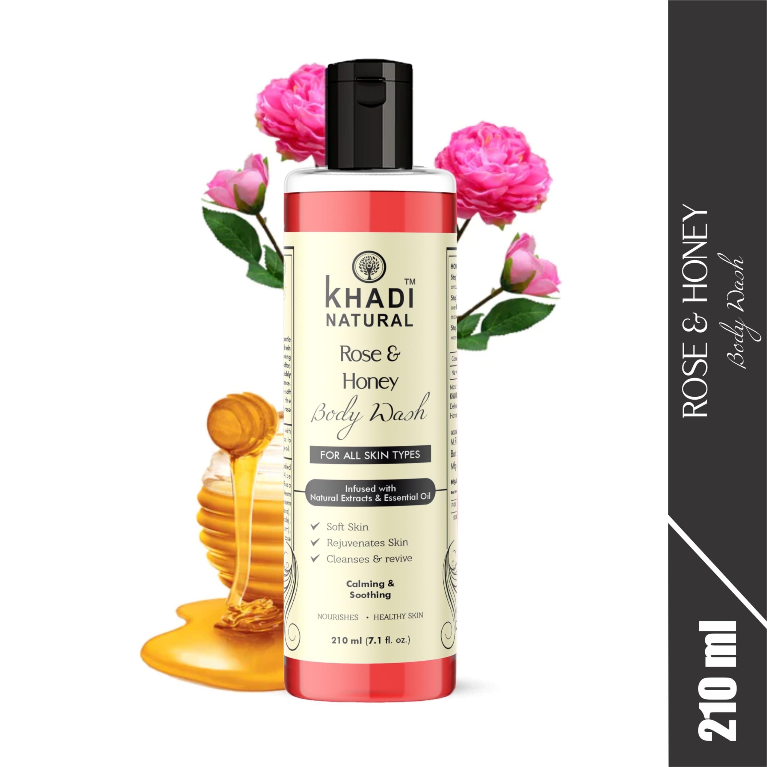 Khadi Natural Herbal Rose & Honey Body Wash - Sulfate & Paraben Free - 210ml | Moisturizing & Nourishing for Dry Skin | Perfect for Daily Shower & Spa Relaxation