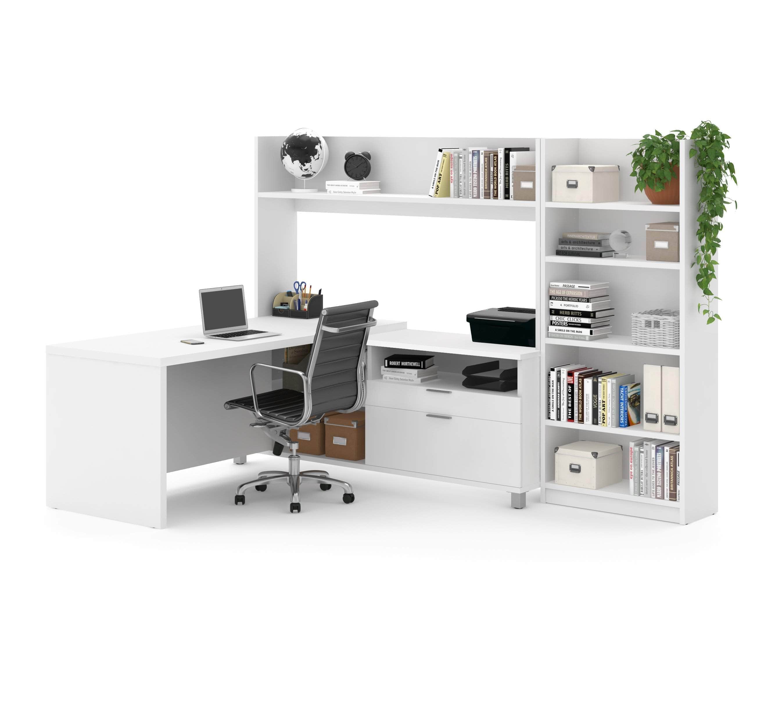 Pro Linea 2-Piece Office Furniture Set - White L-Shaped Desk with Hutch & Bookcase for Home Office, Study Room or Workspace Organization