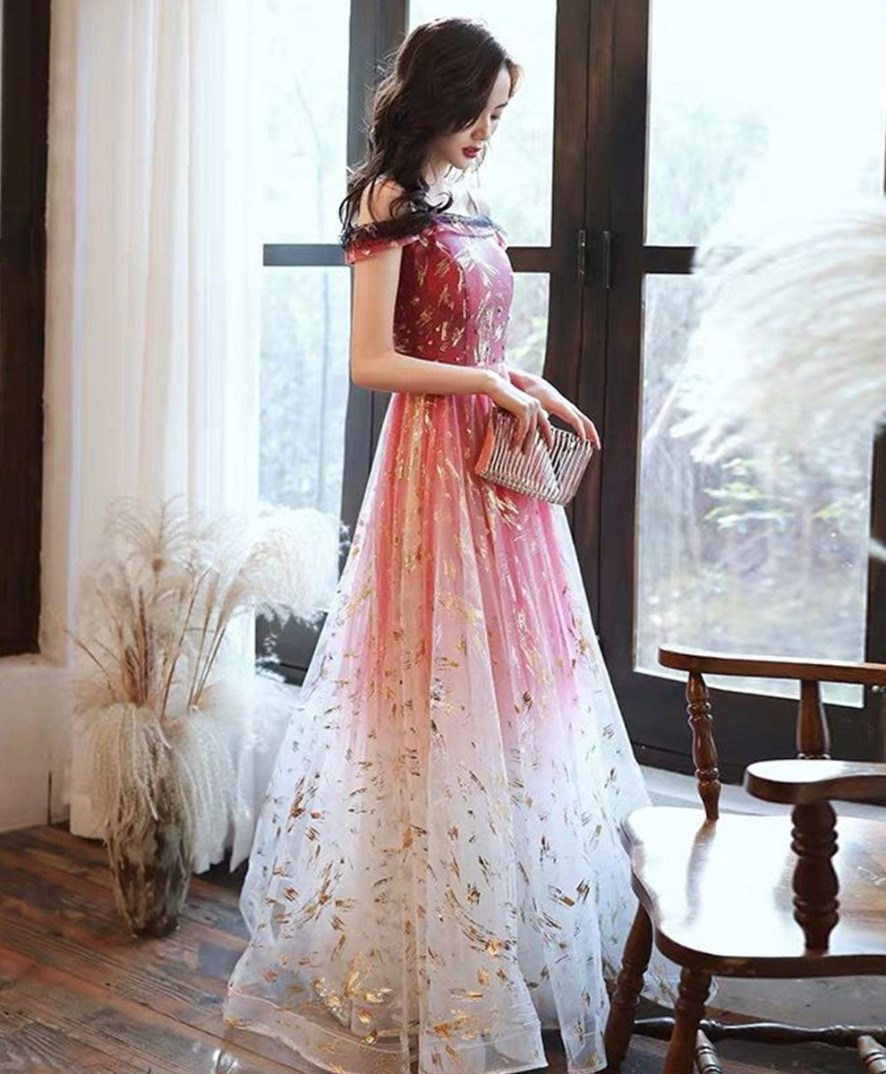Elegant Burgundy Off-Shoulder Lace Tulle Prom Dress - Long Formal Gown for Homecoming, Wedding Guest & Special Occasions
