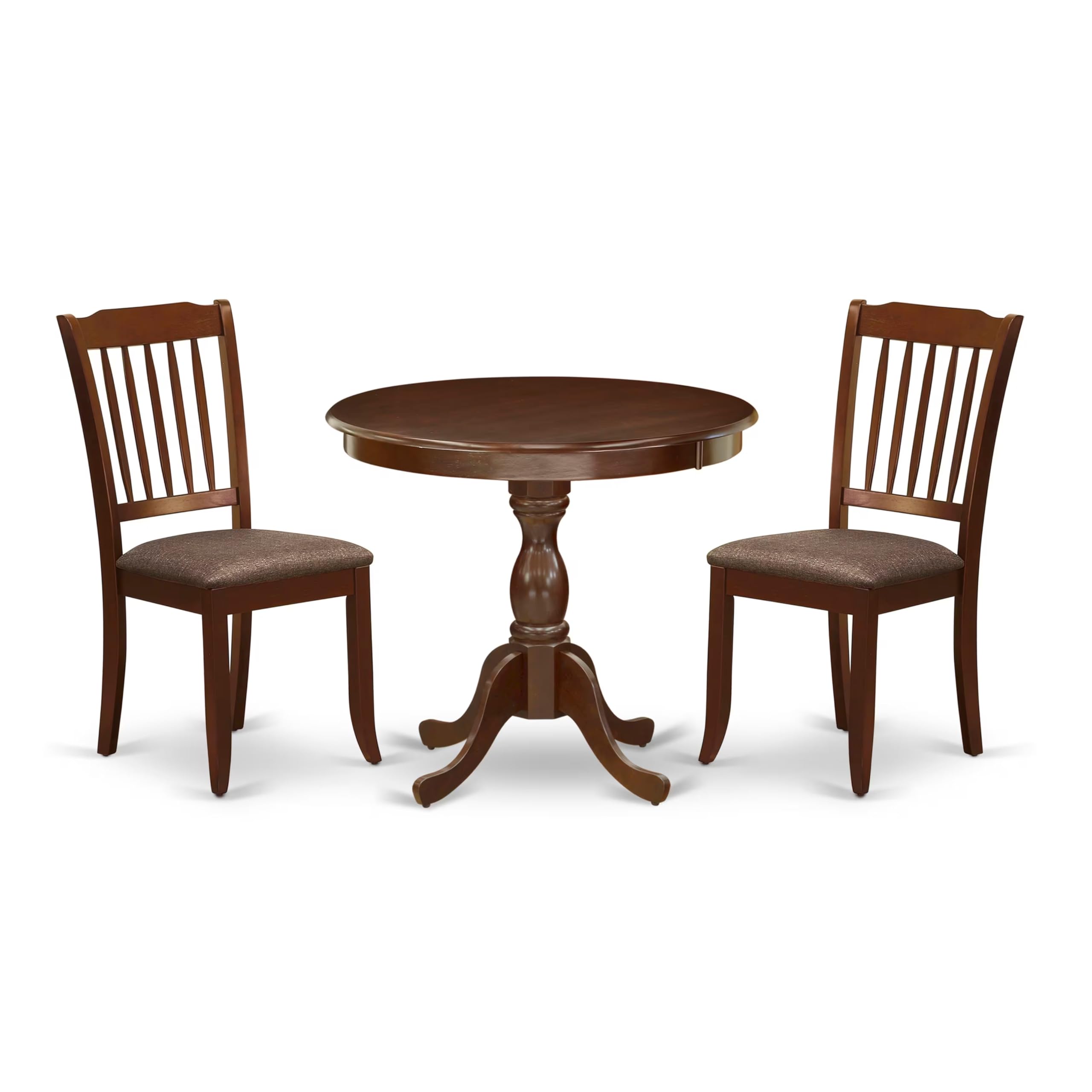 East West Furniture AMDA3-MAH-C 3-Piece Round Kitchen Dining Set with Pedestal Table & 2 Upholstered Chairs, 36x36 Inch, Mahogany - Perfect for Small Spaces, Breakfast Nooks, and Cozy Apartments