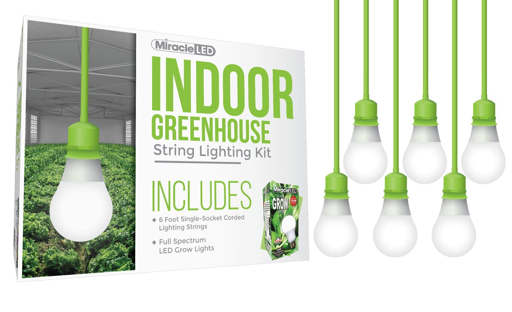 Miracle LED Full Spectrum Grow Light - 6ft Corded Single-Socket Indoor Greenhouse Kit (6-Pack) | Replaces 150W Bulbs | Perfect for Hydroponics, Seed Starting & Indoor Plant Growth