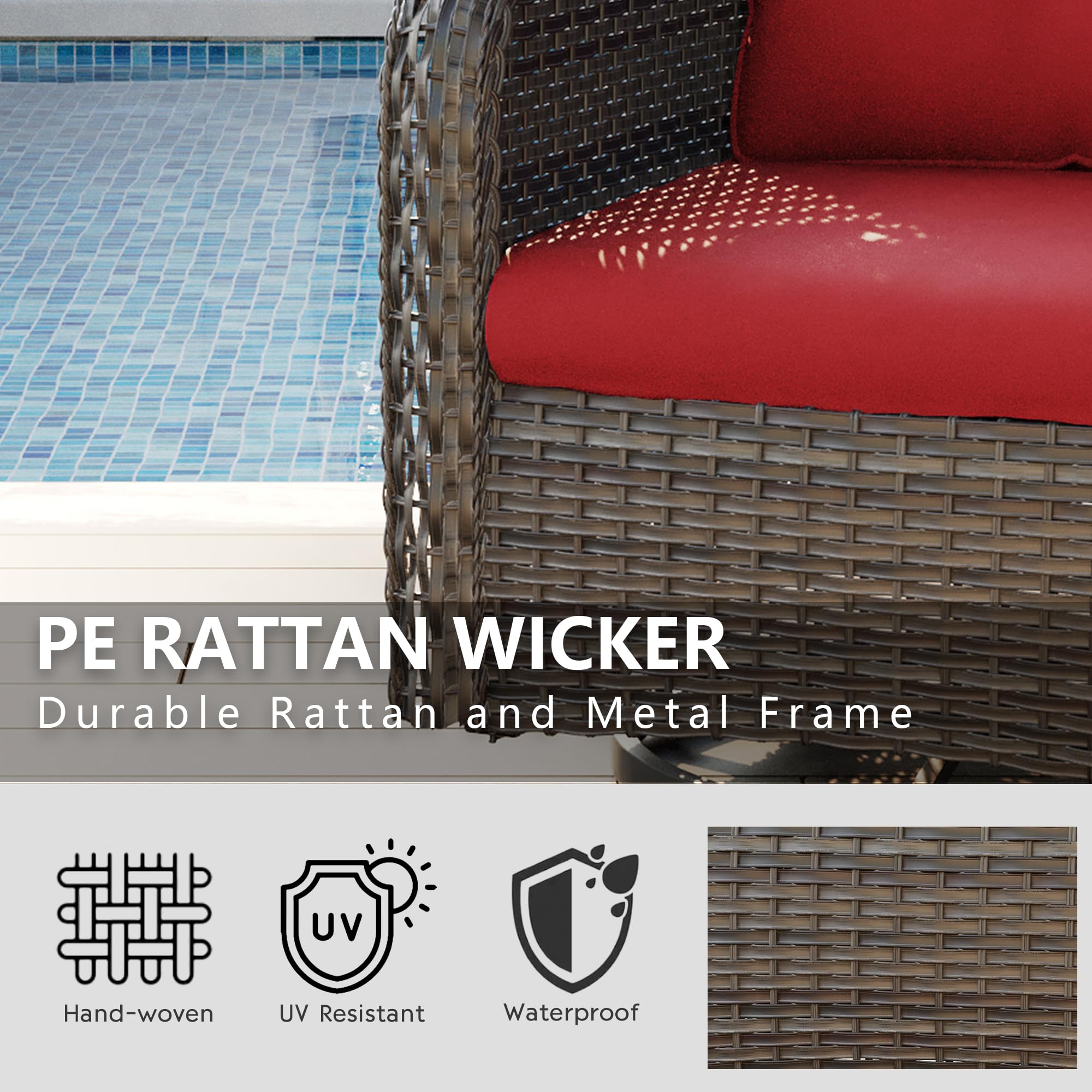 5-Piece Outdoor Patio Furniture Set - All-Weather Wicker Bistro Conversation Set with Swivel Rocking Chairs, Side Table & Ottomans - Perfect for Backyard, Porch, Deck, Garden or Poolside (Mixed Grey/Red) - Ideal for Relaxing, Entertaining & Outdoor Dining