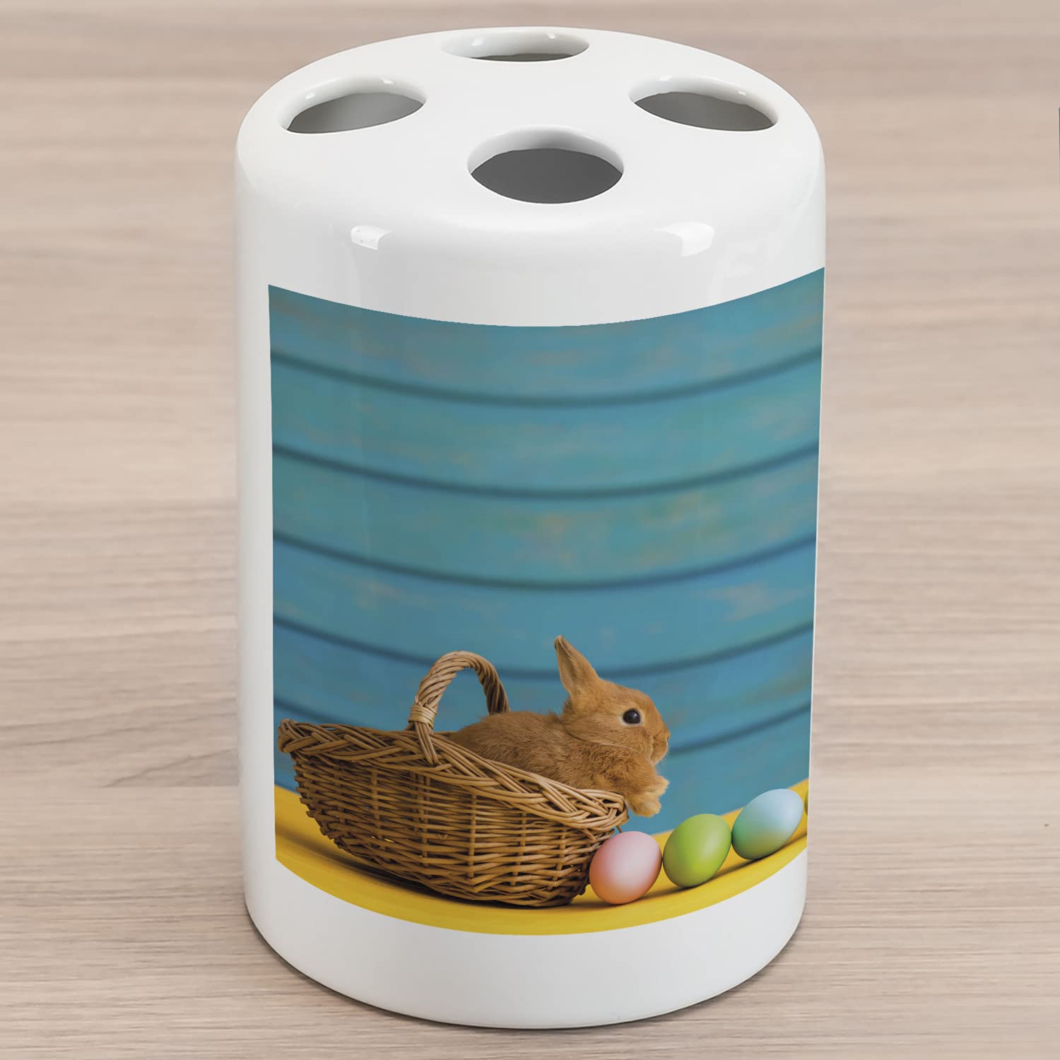 Ambesonne Easter Bunny Ceramic Toothbrush Holder - 2 Rabbit Design with Blue Wooden Background & Pastel Dyed Eggs - Bathroom Countertop Decor for Easter, Spring - 4.5