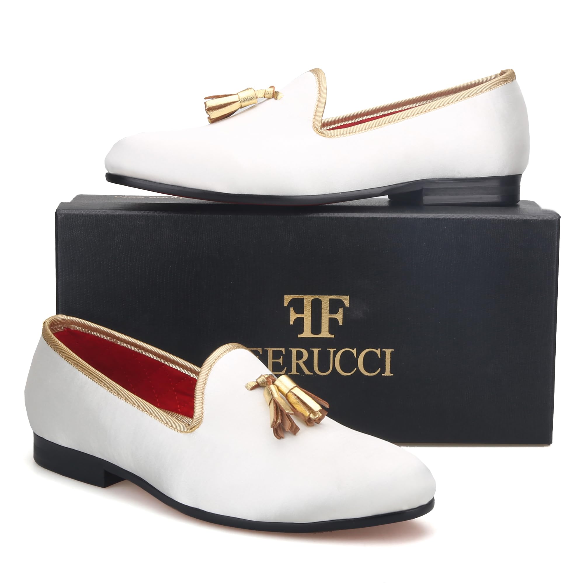 FERUCCI Handmade White Velvet Loafers for Men with Gold Tassel - Luxury House Slippers for Indoor Comfort & Casual Wear