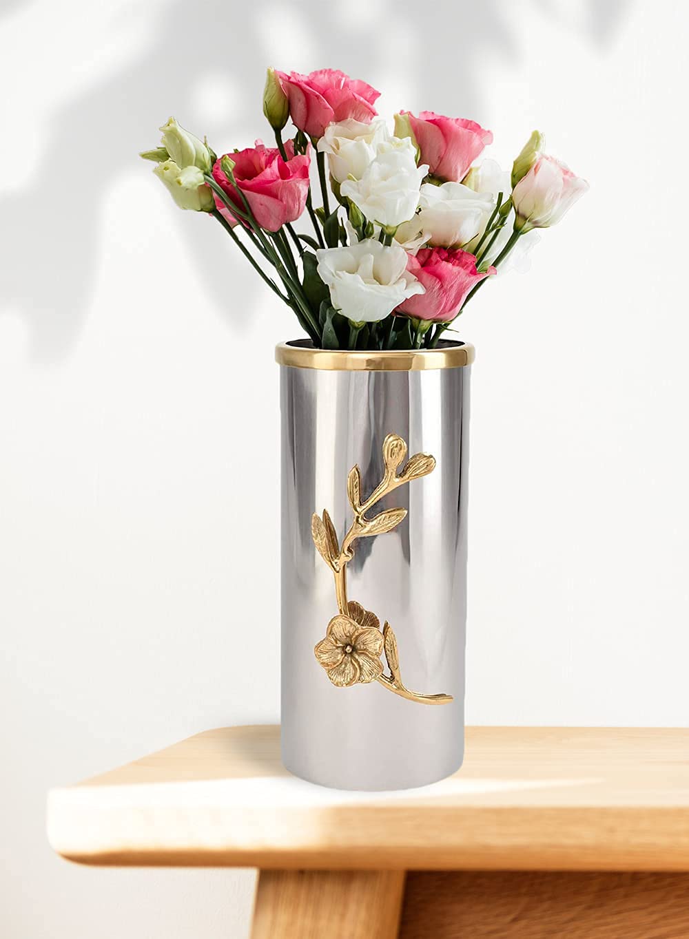 Serene Spaces Living Orchid Stem Tall Vase with Gold Rim & Silver Accents - 9.25