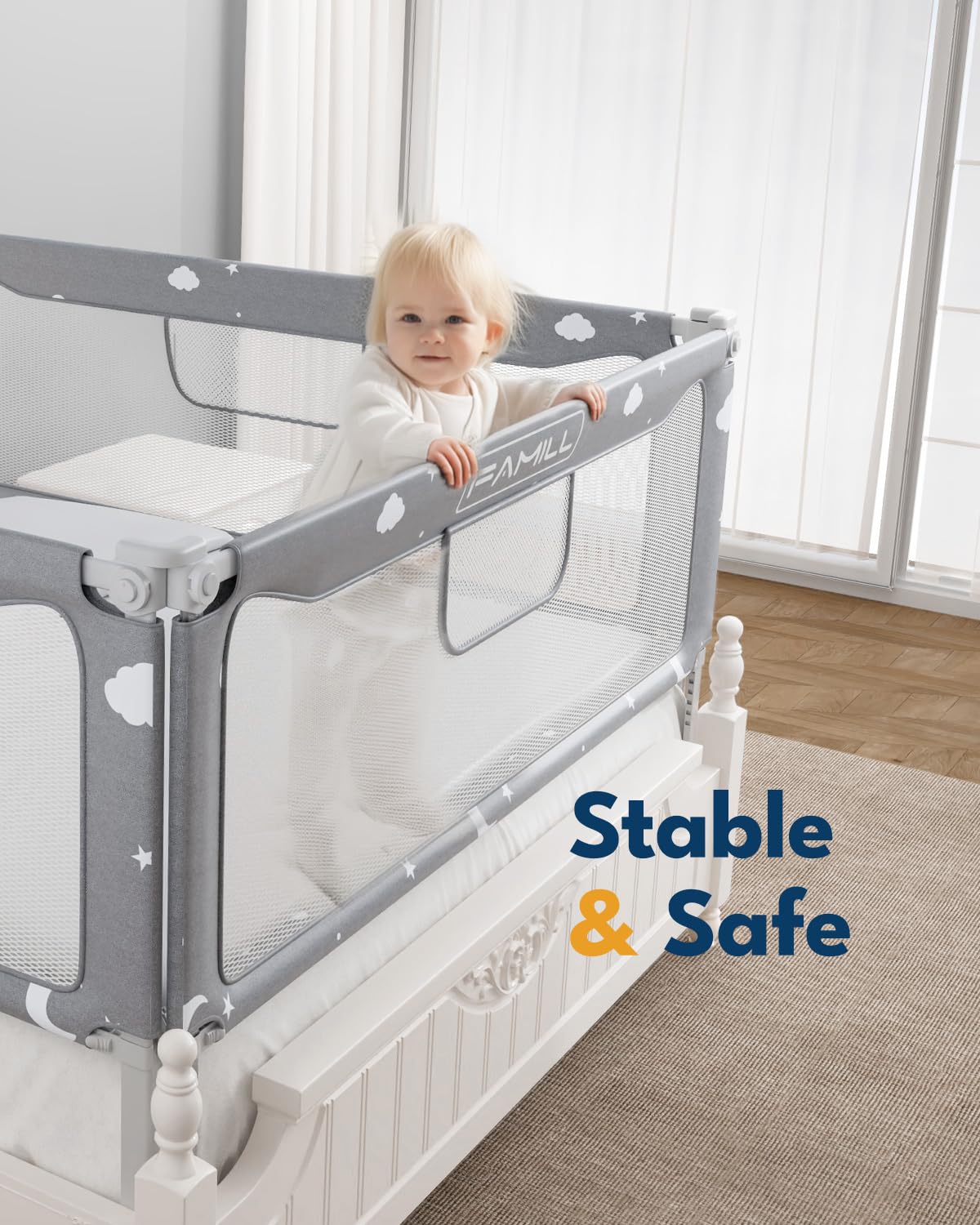 FAMILL Toddler Bed Rail - Quick Assembly Foldable Safety Guard for Kids, U-Shape Base Fits Queen, King, Full & Twin Beds (74.8